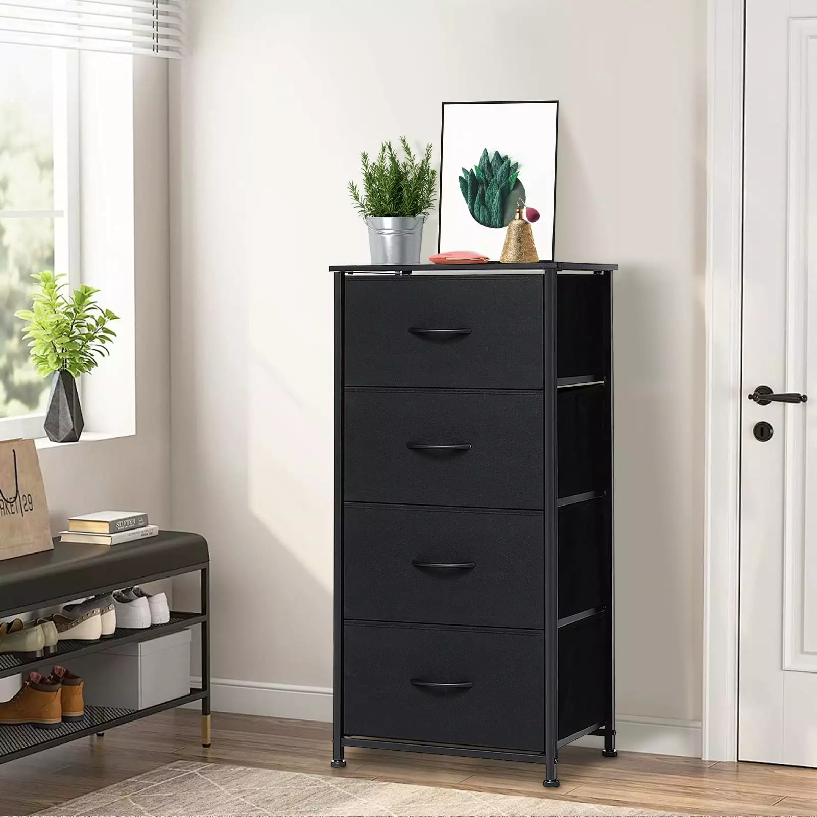 HONEIER 4-Drawer Fabric Dresser Storage Tower Bedroom Closet Living Room Black