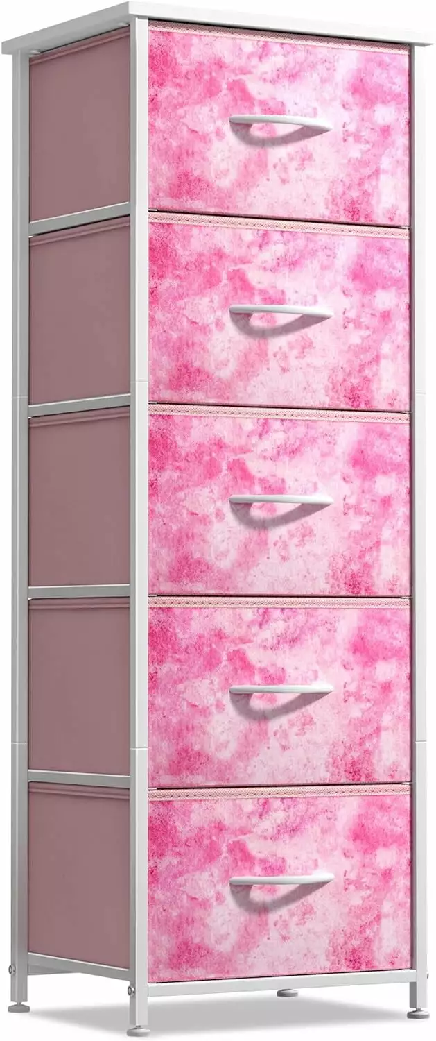 Sorbus Fabric Dresser Kids 5 Drawer Tall Storage Tower Tie-dye Pink Wood Handles