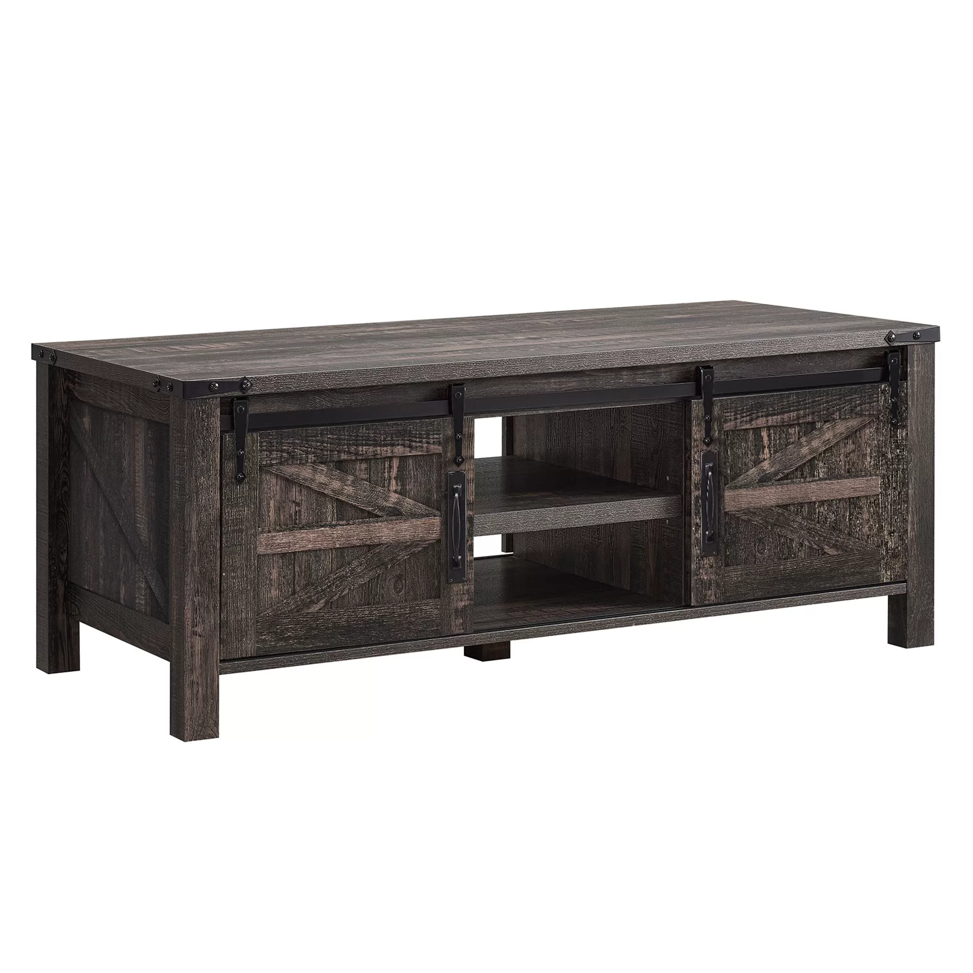 OKD Farmhouse 48 Inch Coffee Table Sliding Barn Doors Dark Rustic Oak