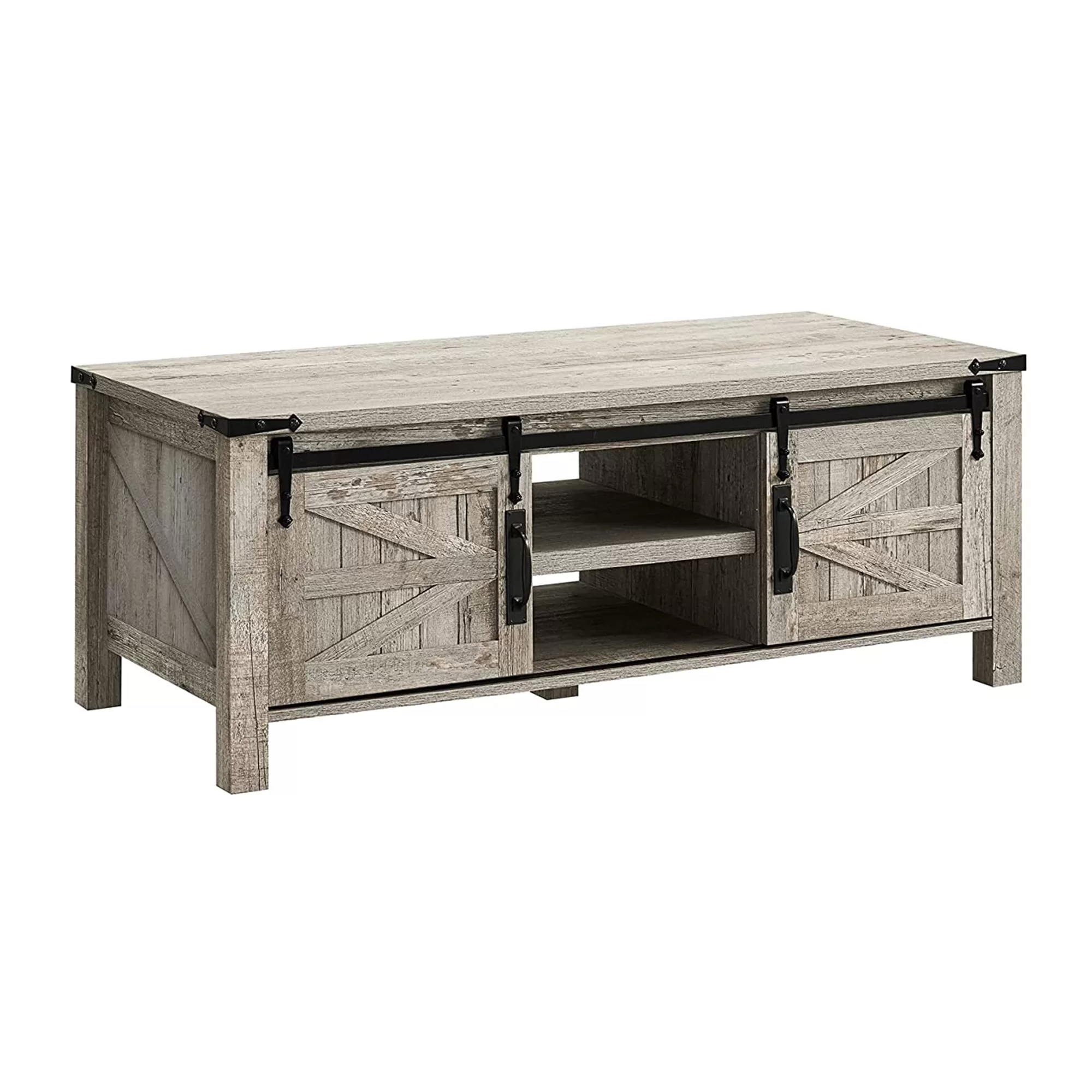 OKD Farmhouse 48 Inch Coffee Table Sliding Barn Doors Light Rustic Oak