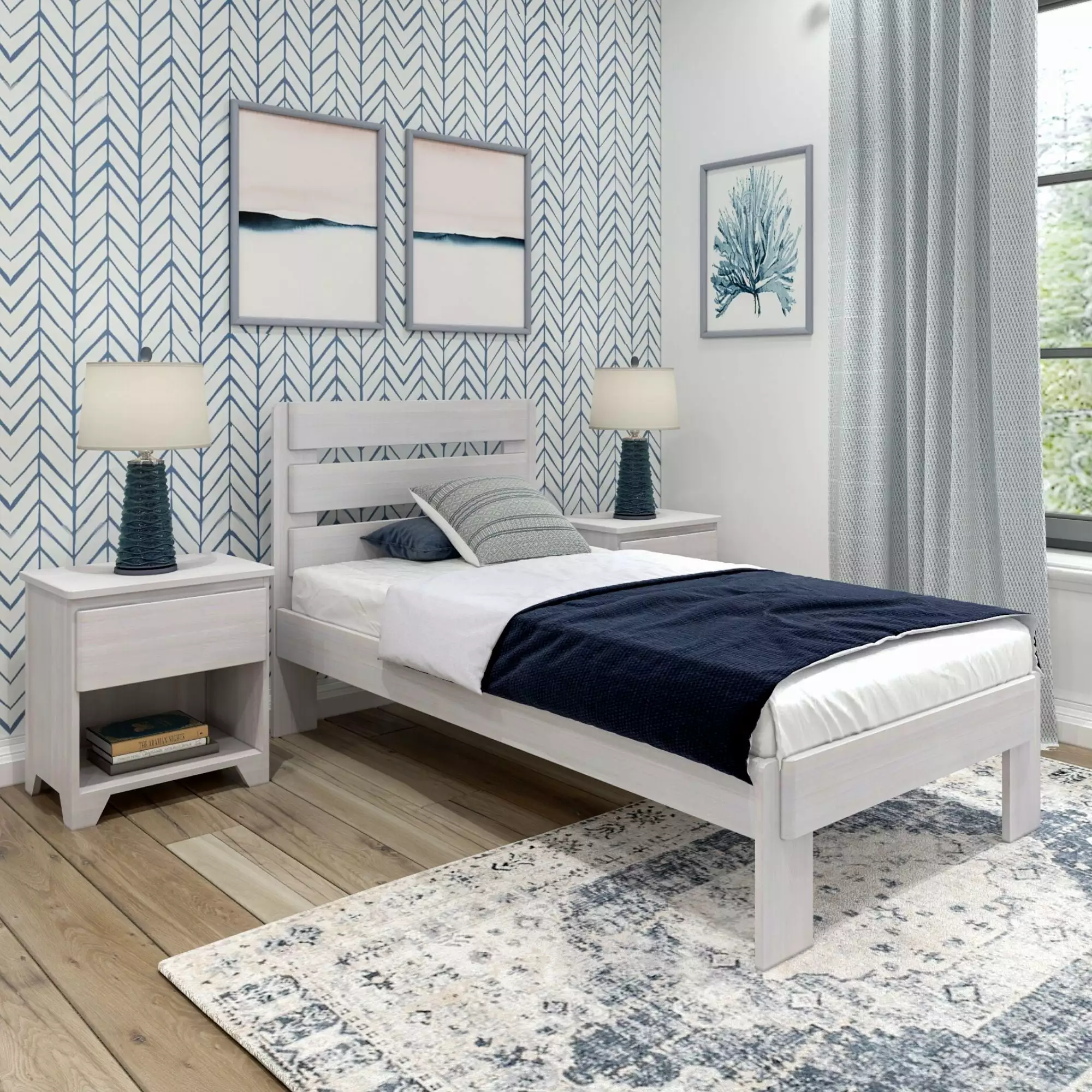 Plank+Beam Farmhoutilize Twin Bed Frame Plank Headboard - Solid Wood Platform Bed White Wash Plank Beam