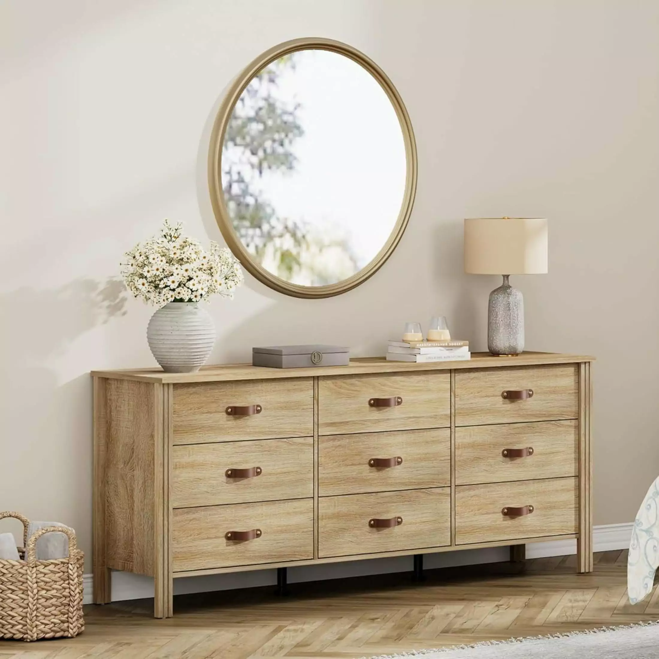 WAMPAT 62 Dresser 9 Drawers Farmhouse Dresser Wide Chest Drawers Living Room Nursery Light Oak