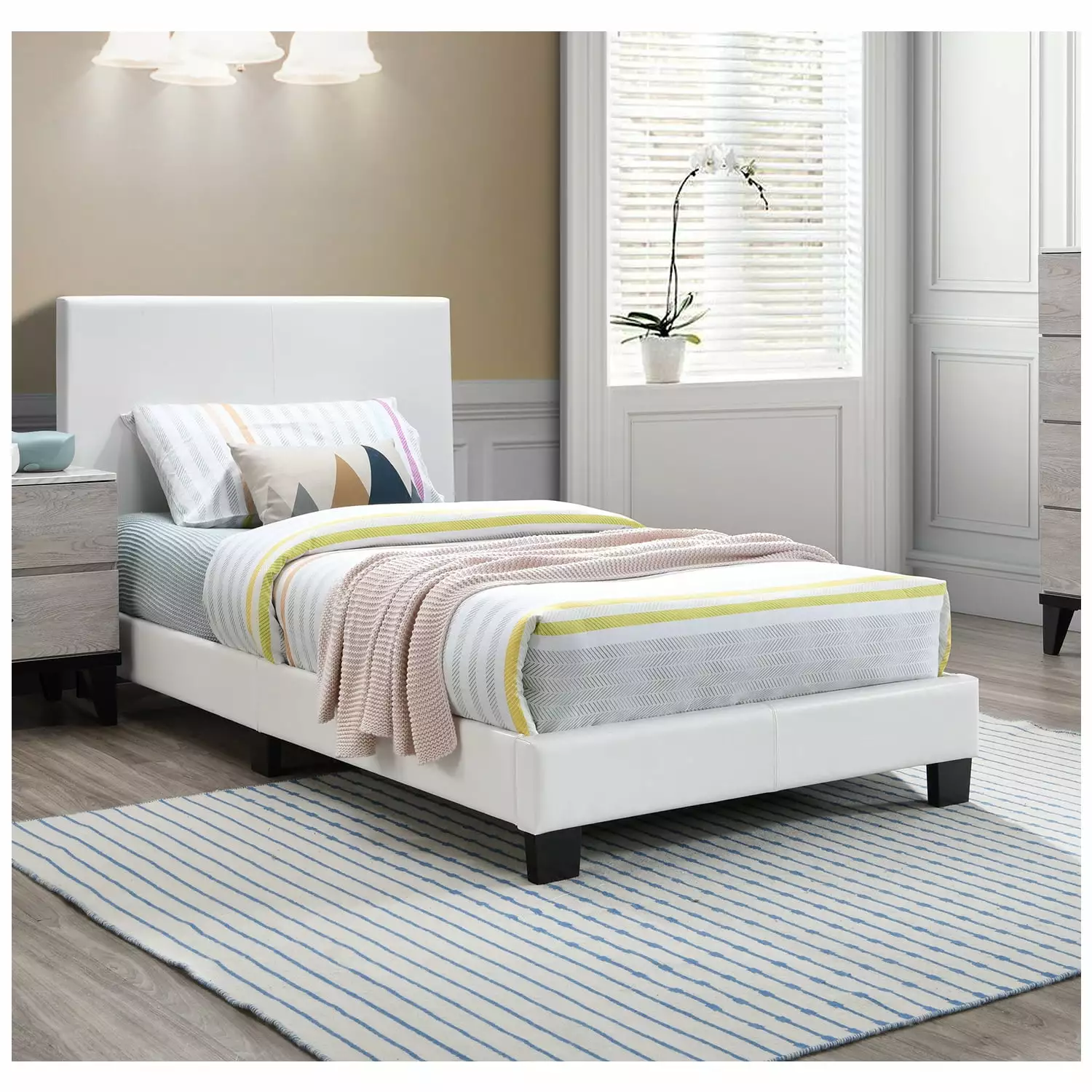 Poundex Furniture Twin Faux Leather Bed Frame 12 Slats White Modern Bed