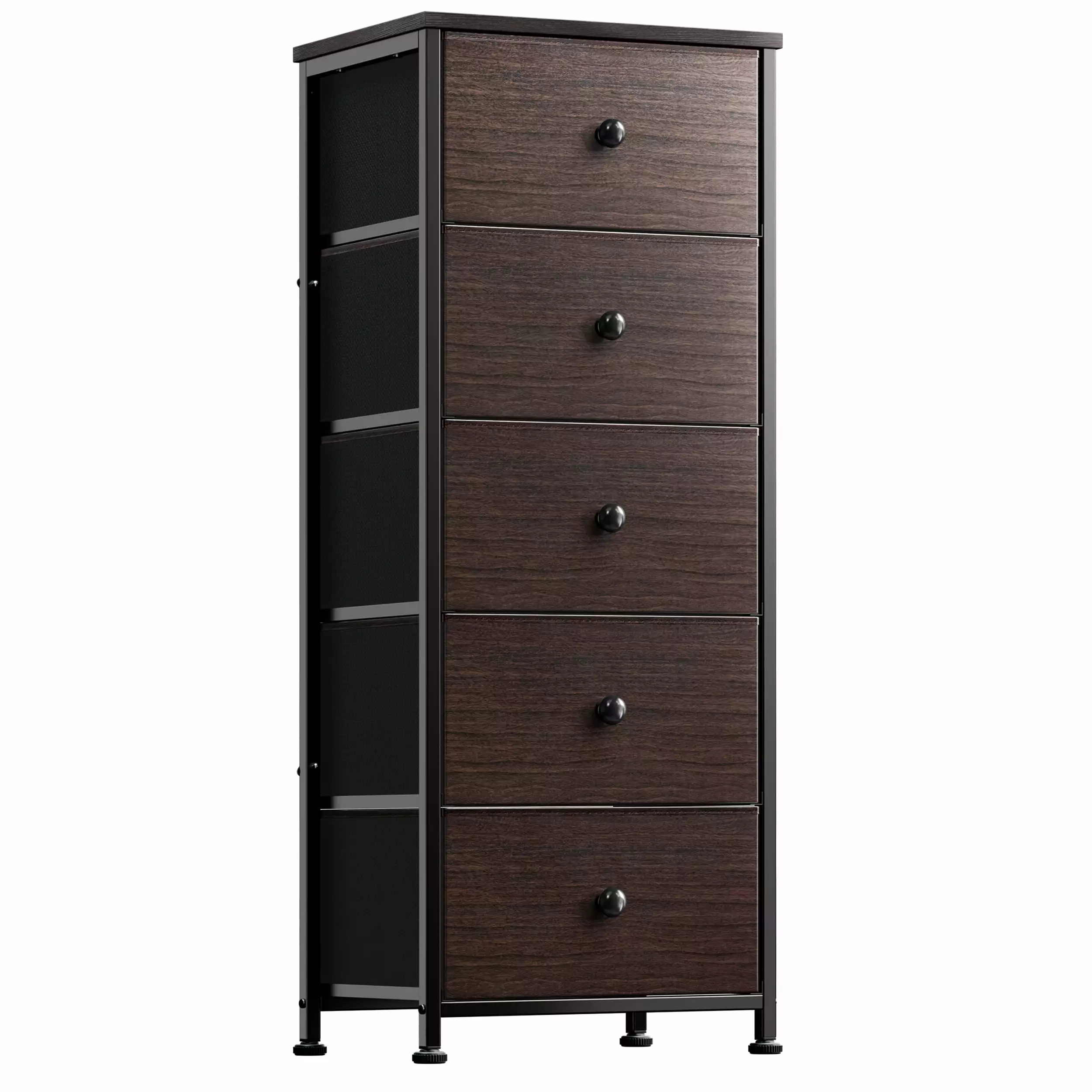 GUNAITO 5 Drawers Tall Dresser Faux Leather Chest Drawers Wooden Top