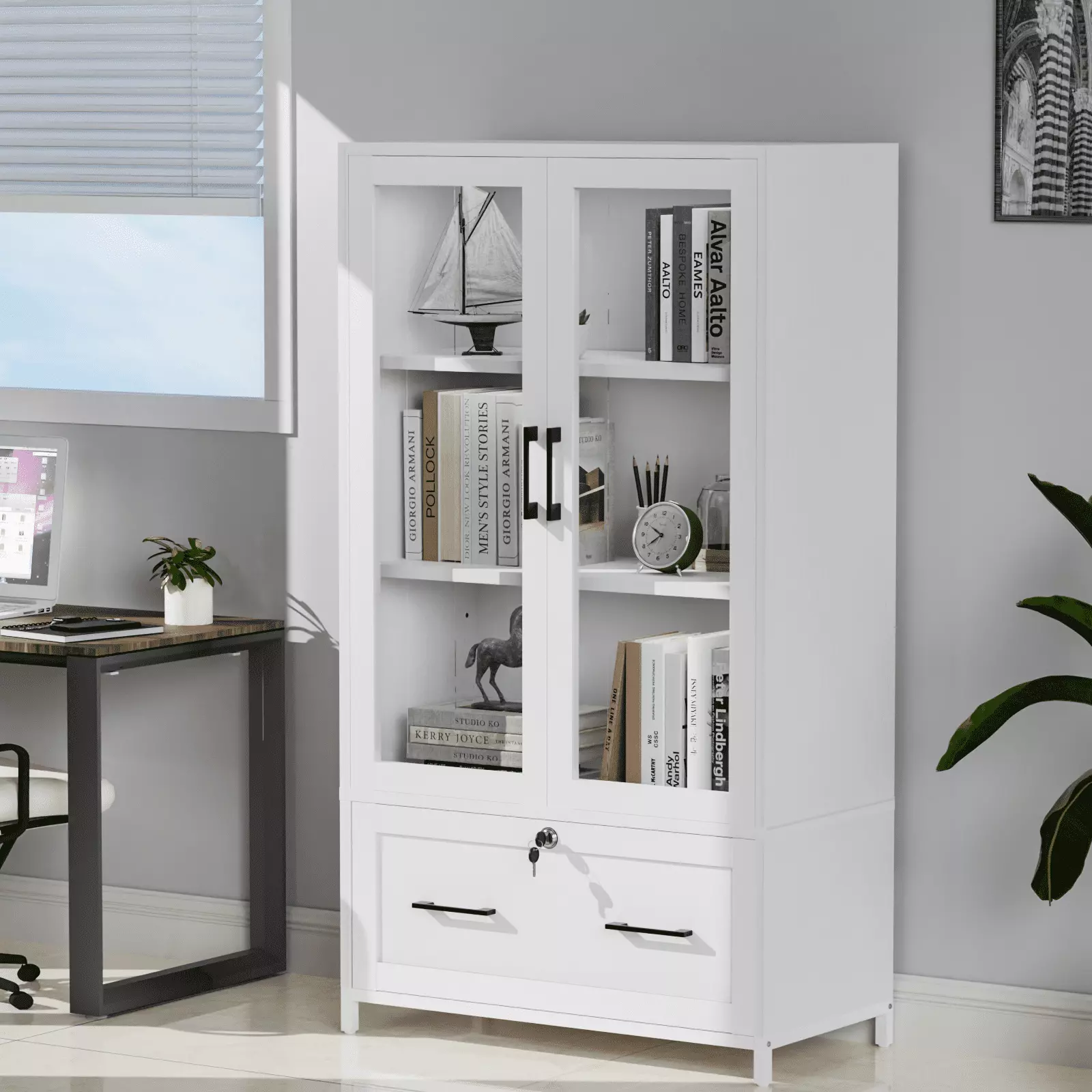 BaytoCare Modern 4 Tier File Cabinet Bookcase Letter and Legal Size Drawers - Glass Door Adjustable Shelf Storage