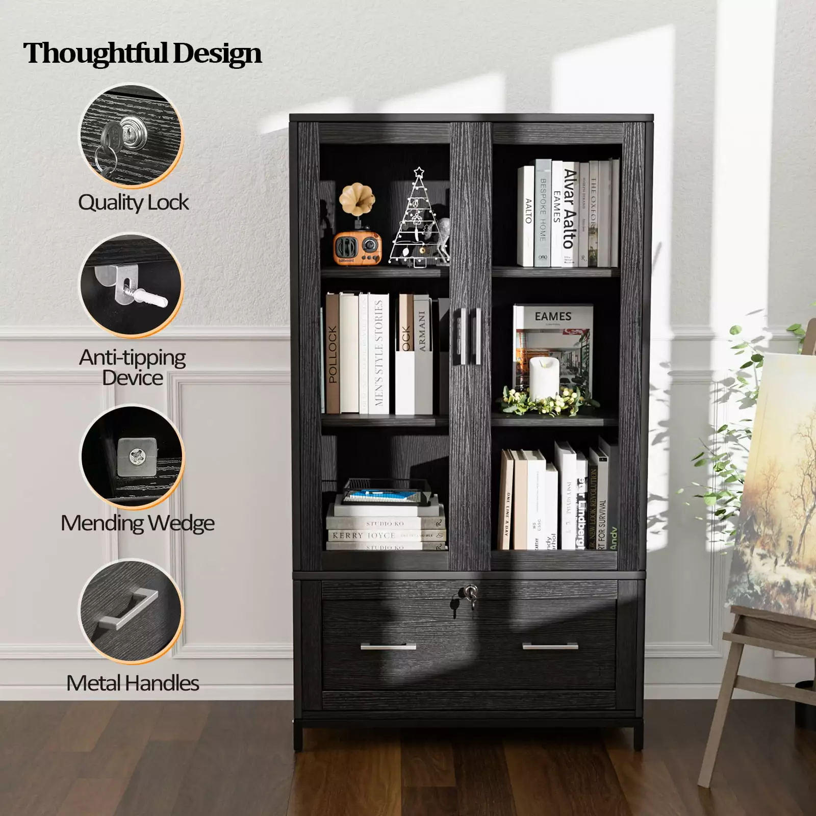 Zimtown 4 Tier File Cabinet Bookcase Lockable Letter and Legal Size Drawers - Wood Bookshelf Storage Glass Door Black