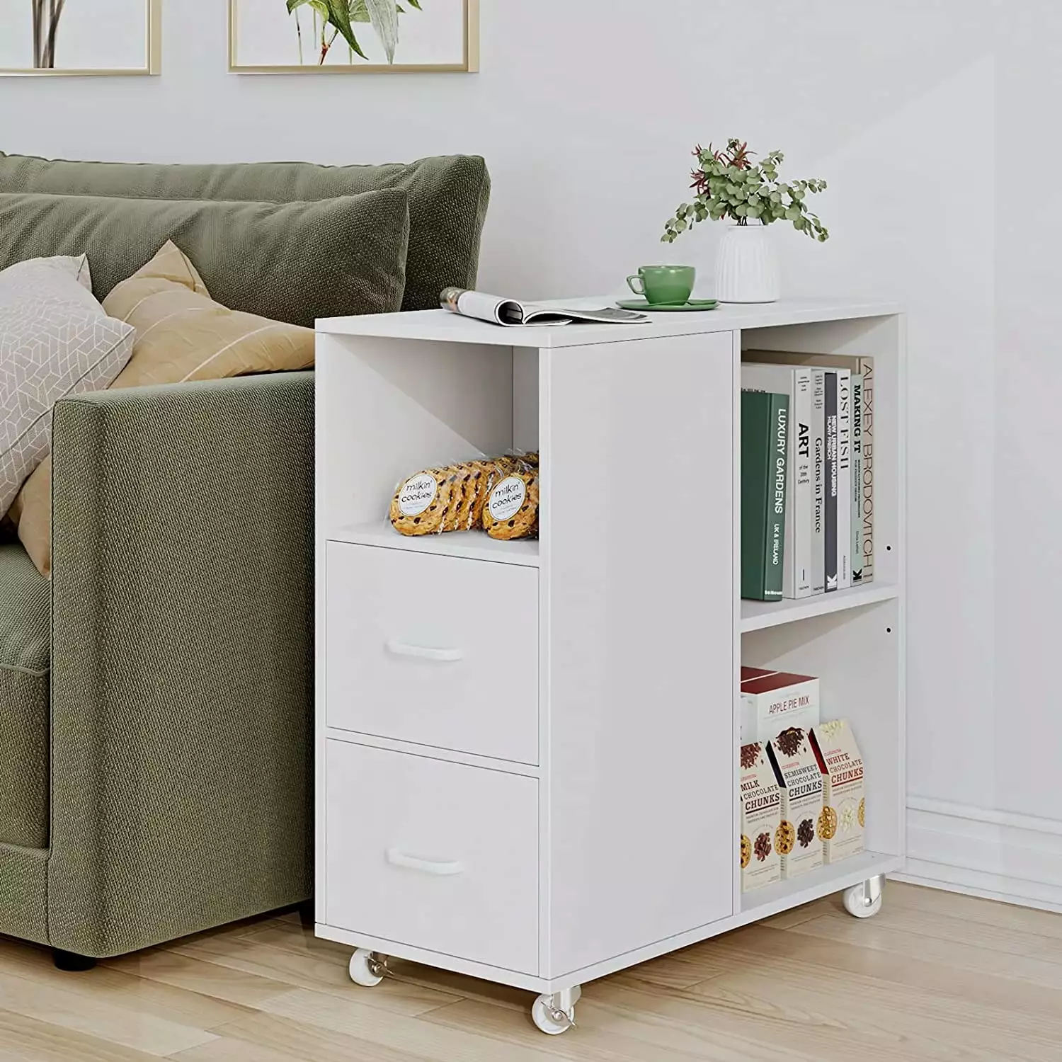 Homfa Side Table 2 Drawers Mobile File Cabinet Nightstand Adjustable Shelf Office Living Room White