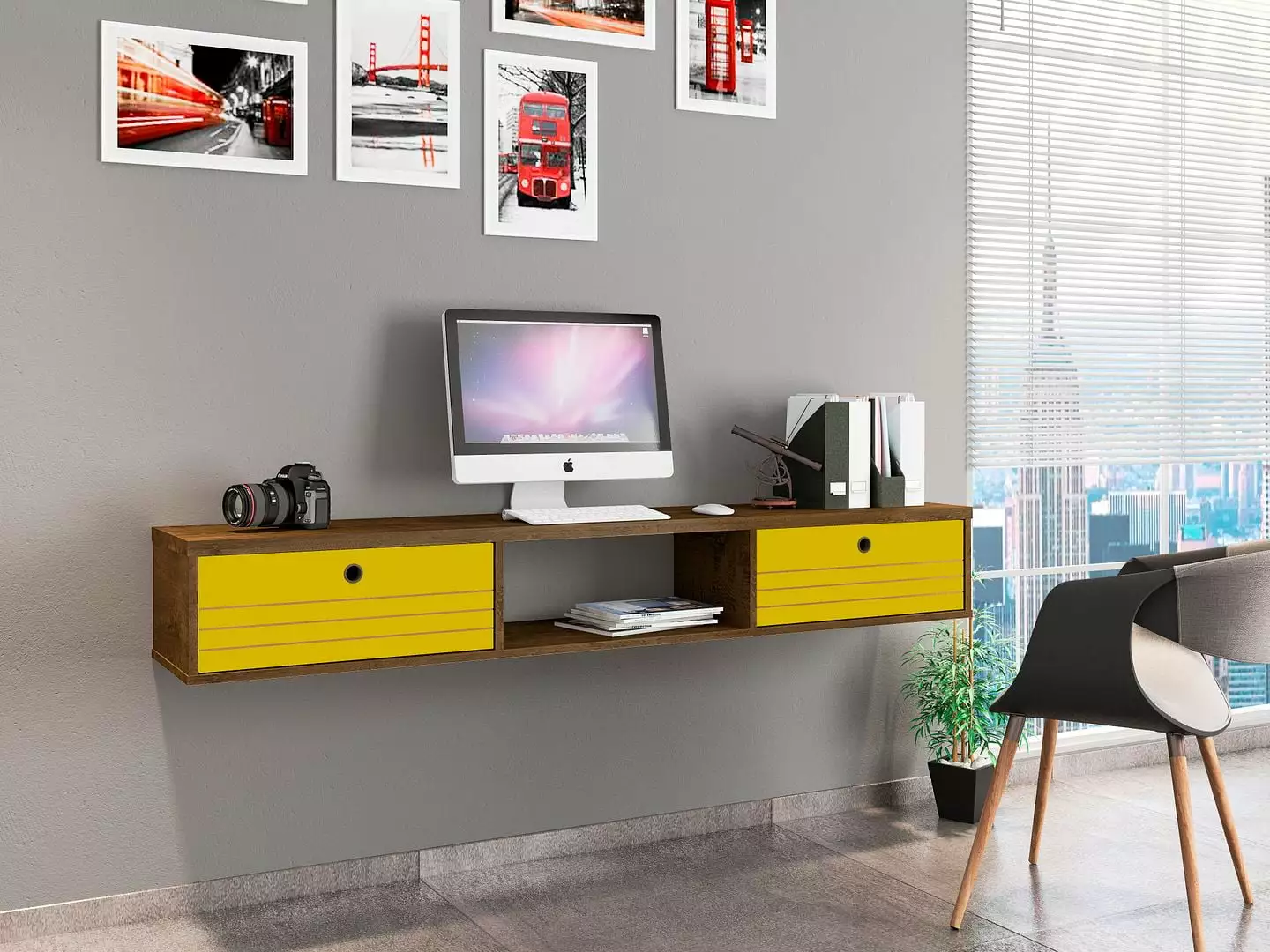 Manhattan Ease Liberty 62.99 Mid-Century Modern Floating Office Desk 3 Shelves Rustic Brown and Yellow Manhattan Comfort