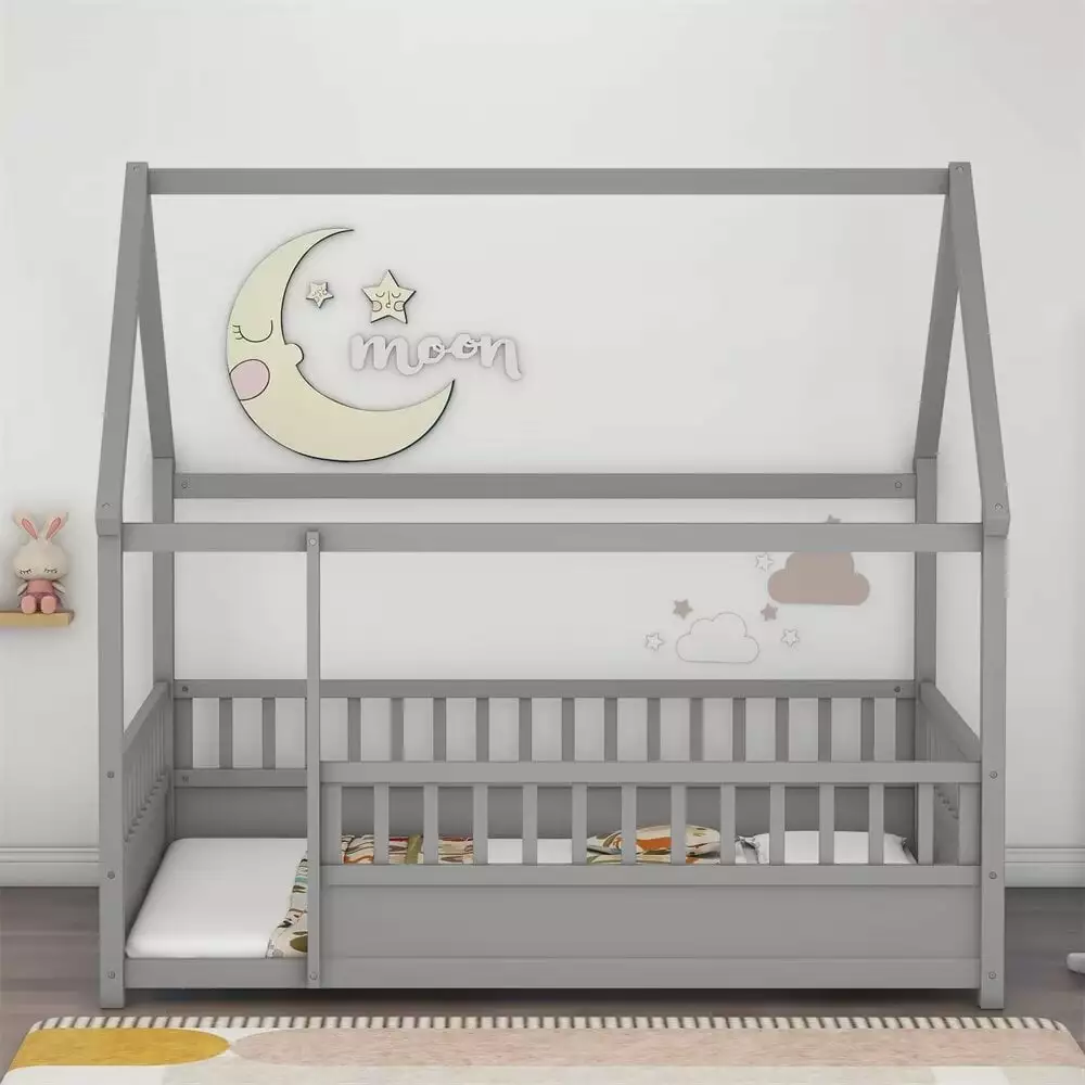 Full Size Floor Bed Frame Roof Wooden Montessori Bed High Fence Guardrail Gray ARCTICSCORPION