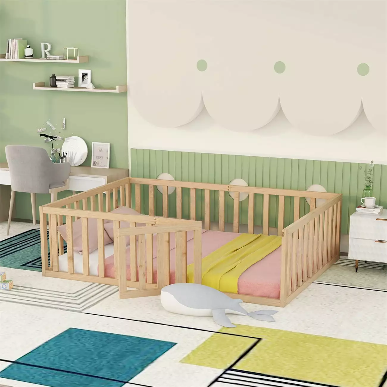 Full Size Floor Bed Wood Playpen Bed Frame Fence Guardrails and Door Platform Bed Boys Girls Childrens Bedroom Natural ARC...