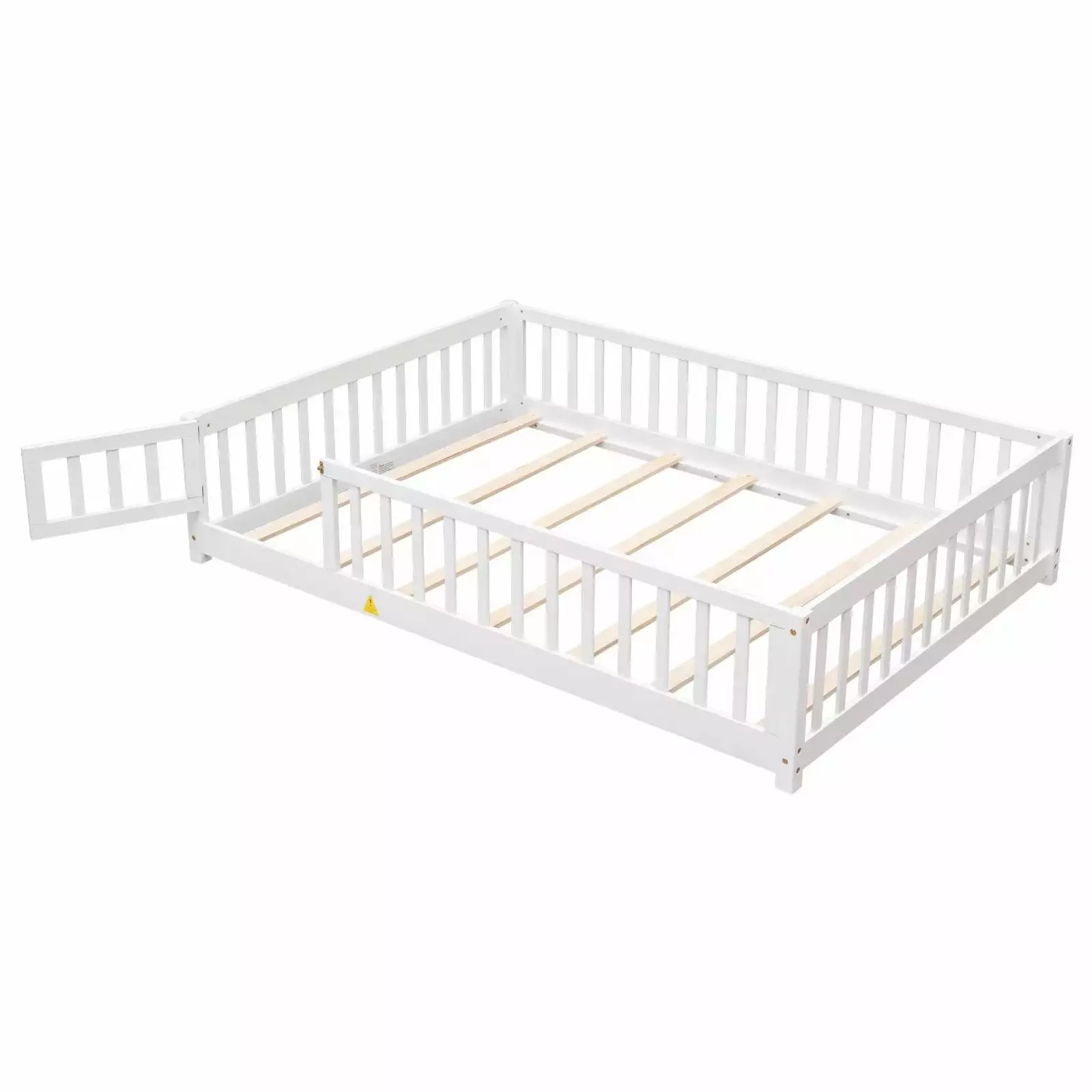 Full Size Solid Wood Montessori Floor Platform Bed Fence and Door White ARCTICSCORPION