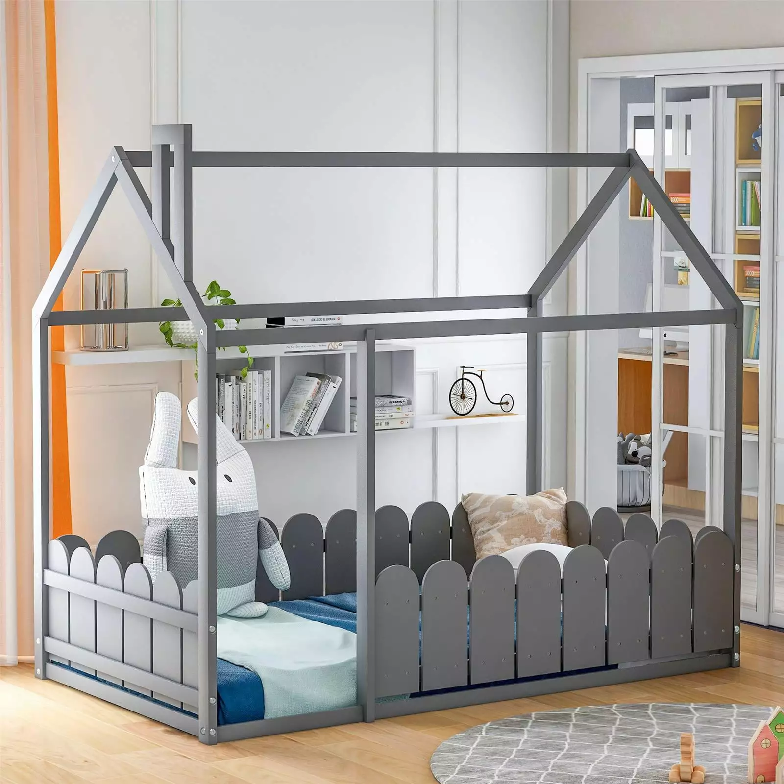 Twin Houtilize Bed Floor Bed Roof and Fence Solid Wood Frame Kids Teens No Slats Box Spring Needed Gray ARCTICSCORPION