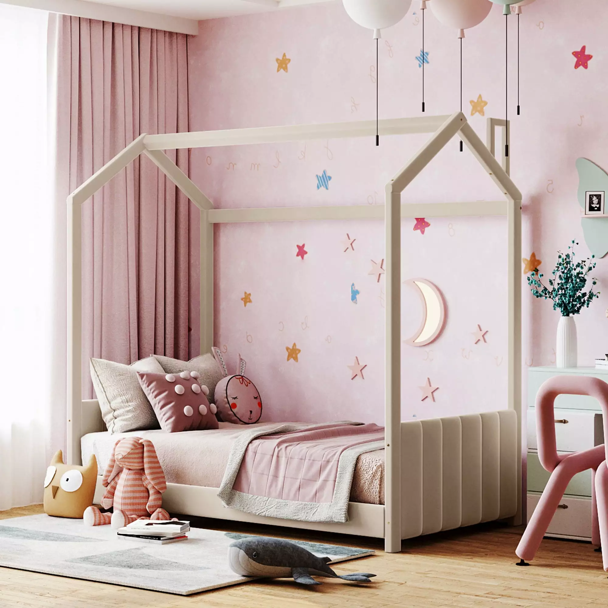Twin Size Floor Bed Velvet Houtilize Roof Kids Teens Beige ARCTICSCORPION