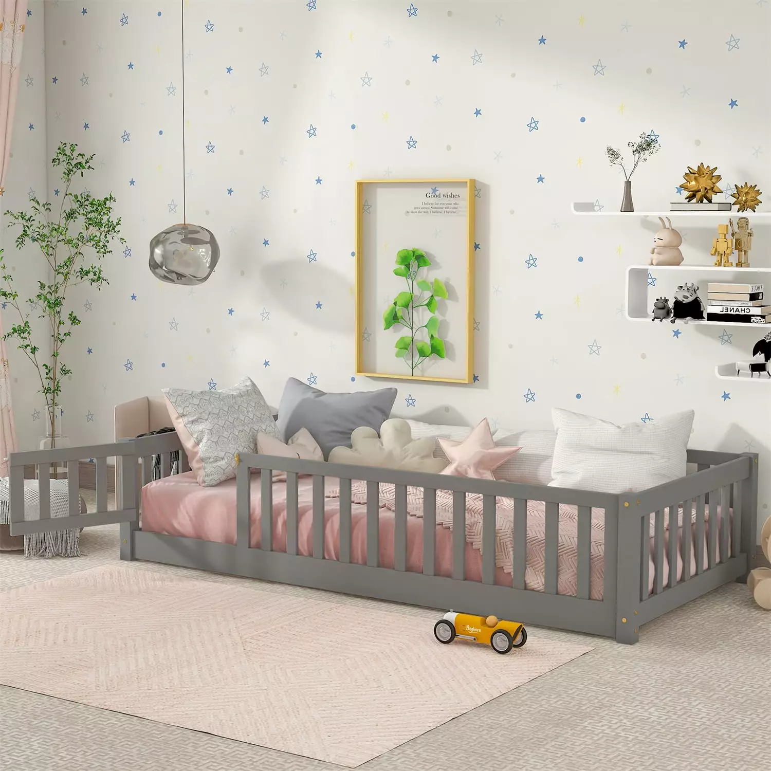 Twin Size Floor Platform Bed Kids Montessori Bed Frame Fence-Shaped Guardrails and Door Solid Wood 7 Slats Support Gray AR...