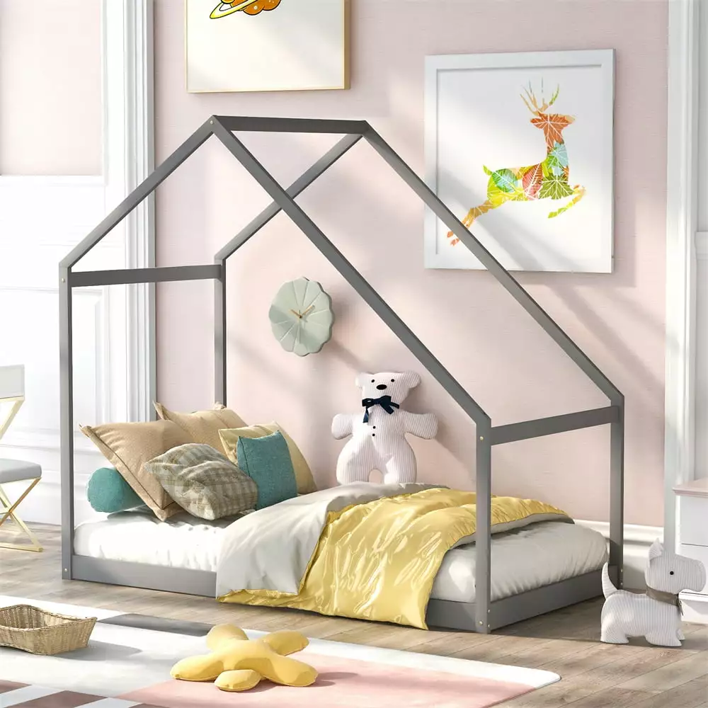 Twin Size Wooden Floor Bed Frame Kids - Montessori Platform Bed Play Tent Option ARCTICSCORPION