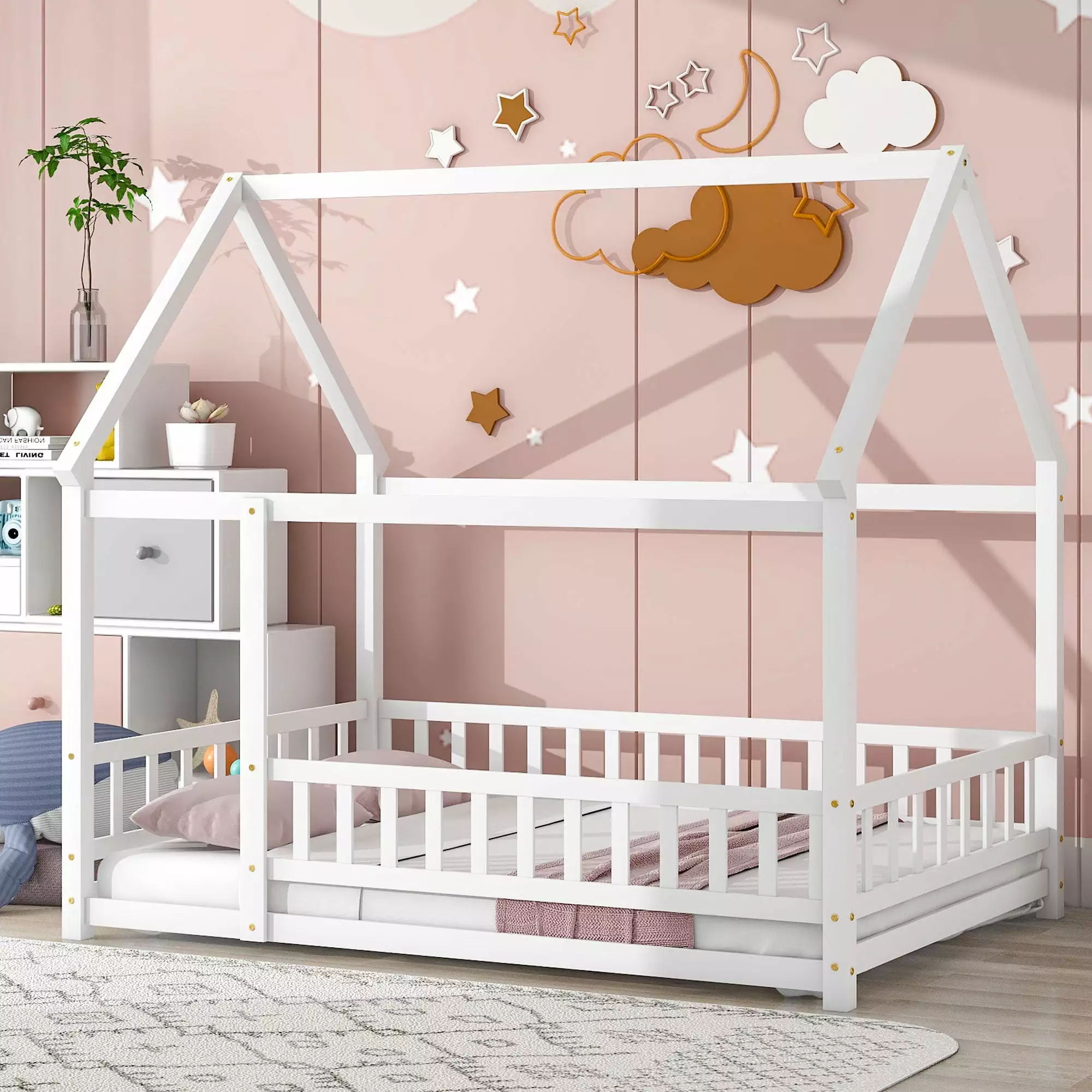White Full Size Montessori Floor Bed Fence-Shaped Guardrails and Door Kids ARCTICSCORPION