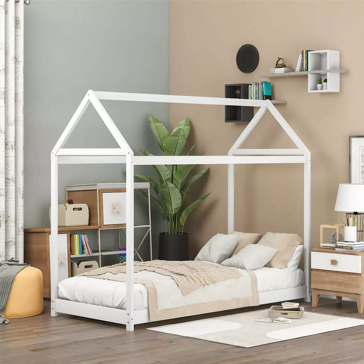 White Twin Pine Wood Houtilize Floor Canopy Bed Kids Boys Girls Teens ARCTICSCORPION