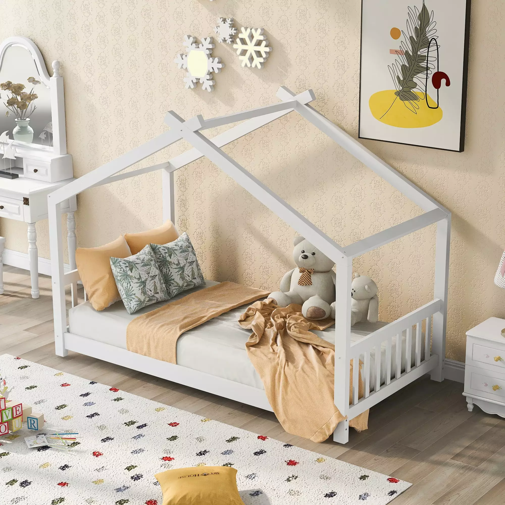 Aukfa Houtilize Wood Twin Platform Bed Kids Floor Bed White