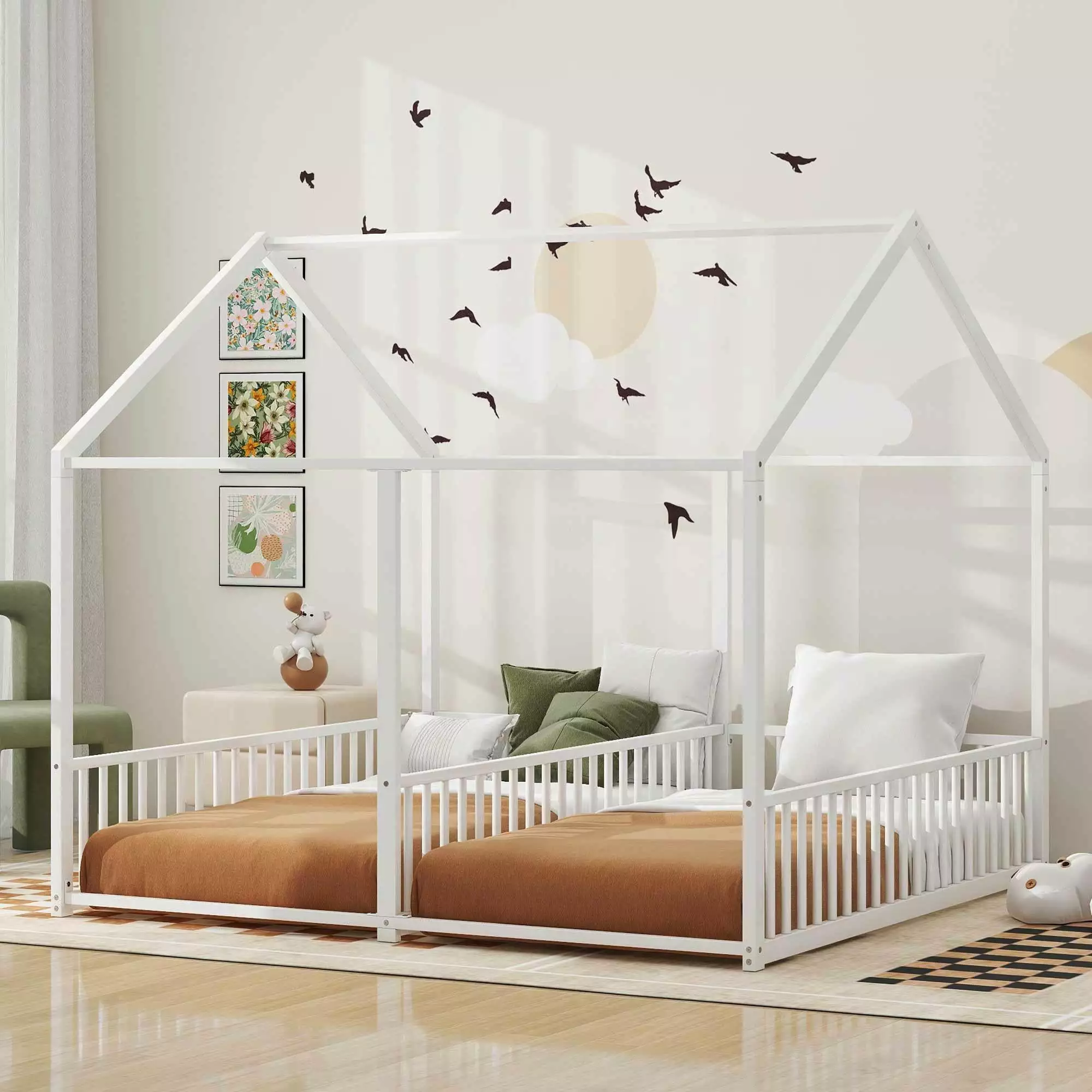 Bellemave Double Twin Size Floor Bed Metal Shared Platform Beds 2 Kids Montessori Houtilize Bed Toddler Boys Girls Teens W...