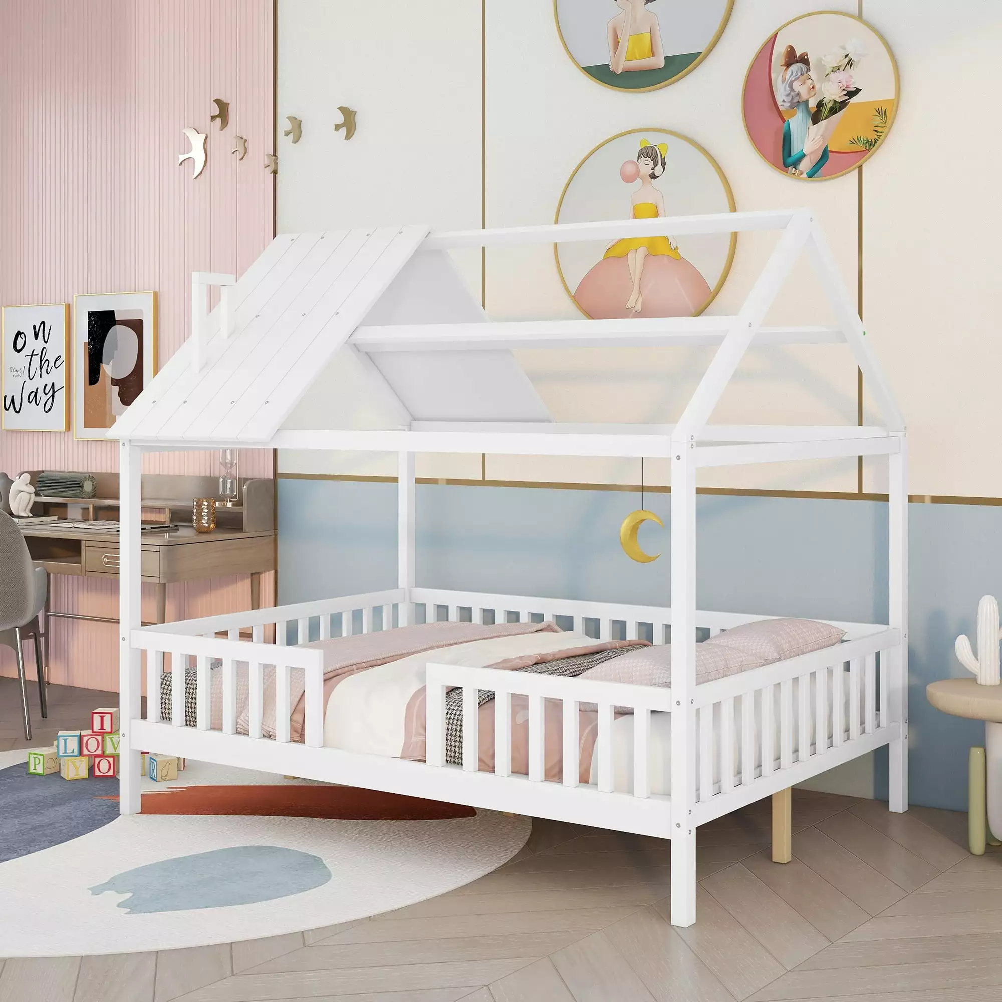 Bellemave Full Houtilize Bed Kids Full Size Wood Bed Frame Roof and Fence White
