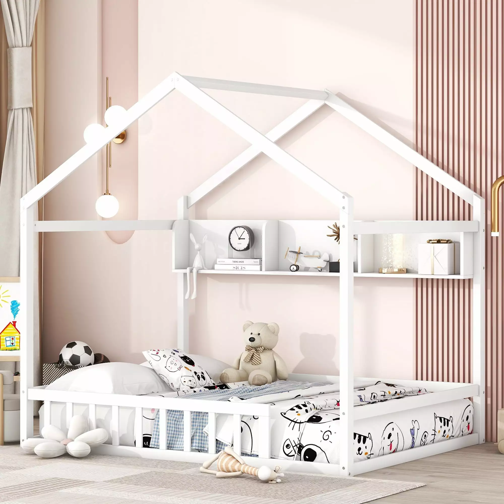 Bellemave Full Size Floor Houtilize Bed Storage Shelf Wood Montessori Playhoutilize Bed Fence Kids Boys Girls White