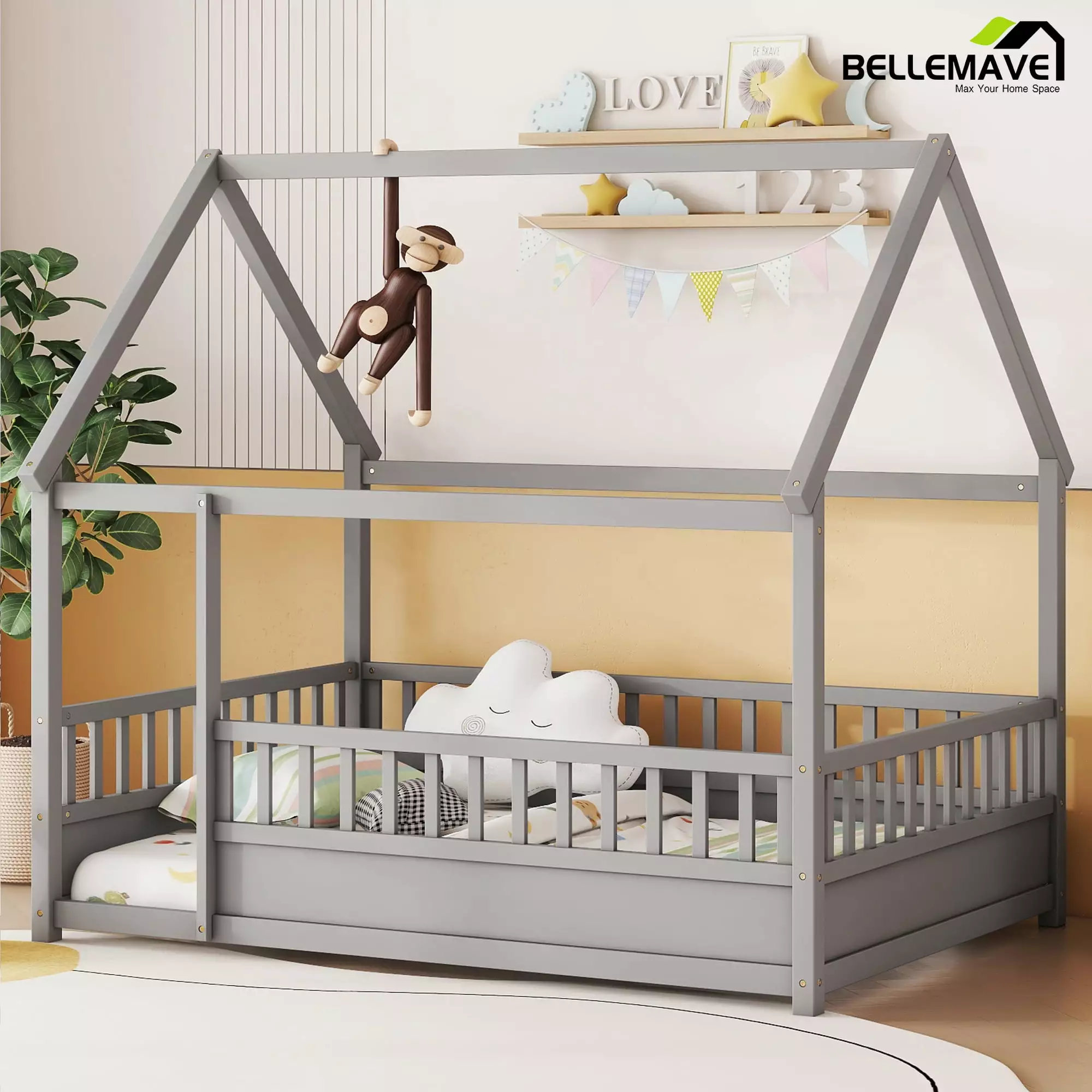 Bellemave Full Size Houtilize Floor Bed High Fence Guardrails Wooden Playhoutilize Bed Frame Kids Gray
