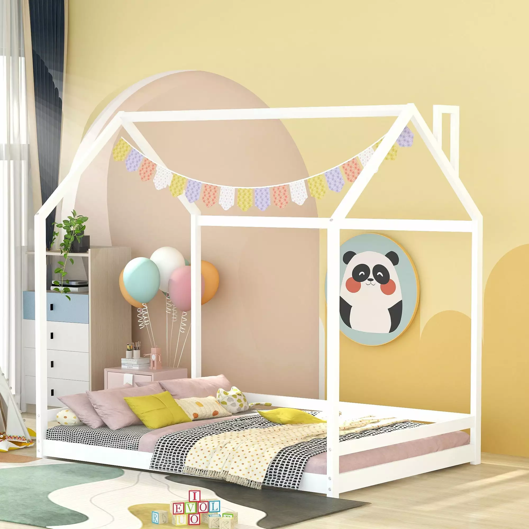 Bellemave Full Size Wood Montessori Floor Bed Safety Rails Toddler Kids Teens White Houtilize Bed Frame