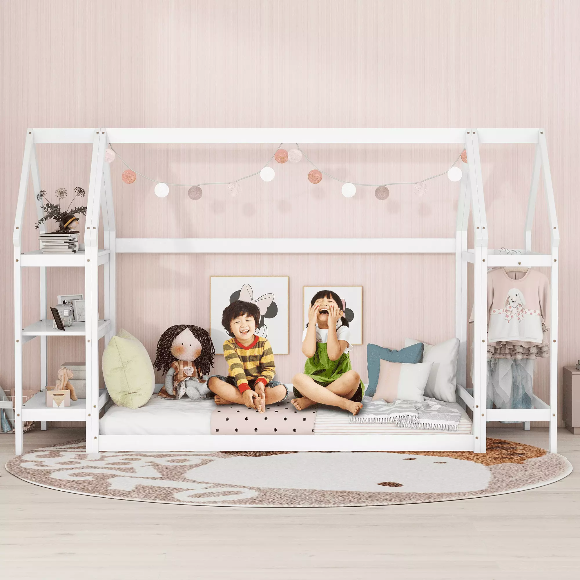 Bellemave Kids Twin Houtilize Floor Bed Frame 2 Detachable Stands Solid Wood Montessori Toddler Bed Roof and Window White