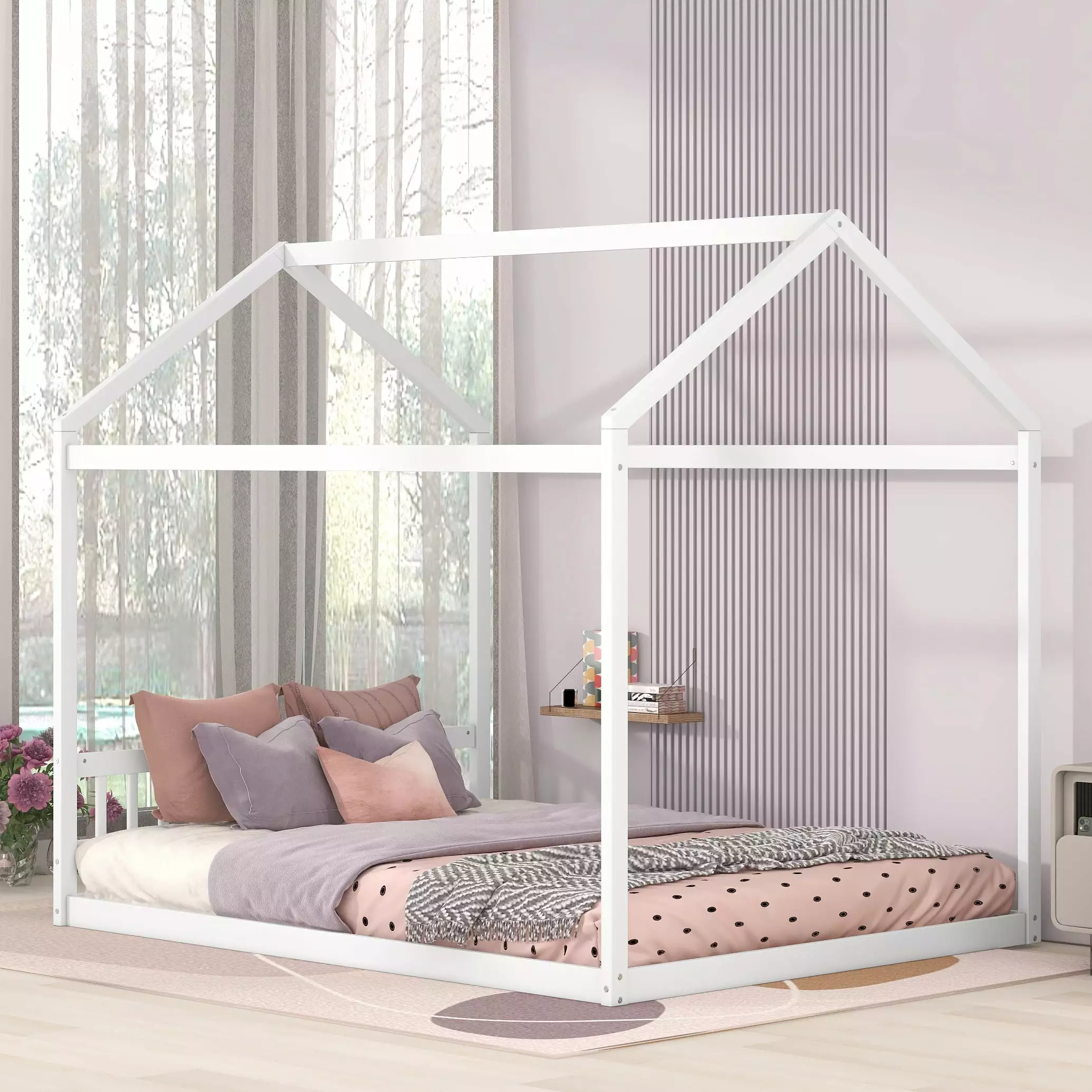 Bellemave Queen Size Wood Montessori Floor Bed Headboard Toddler and Kids Gray
