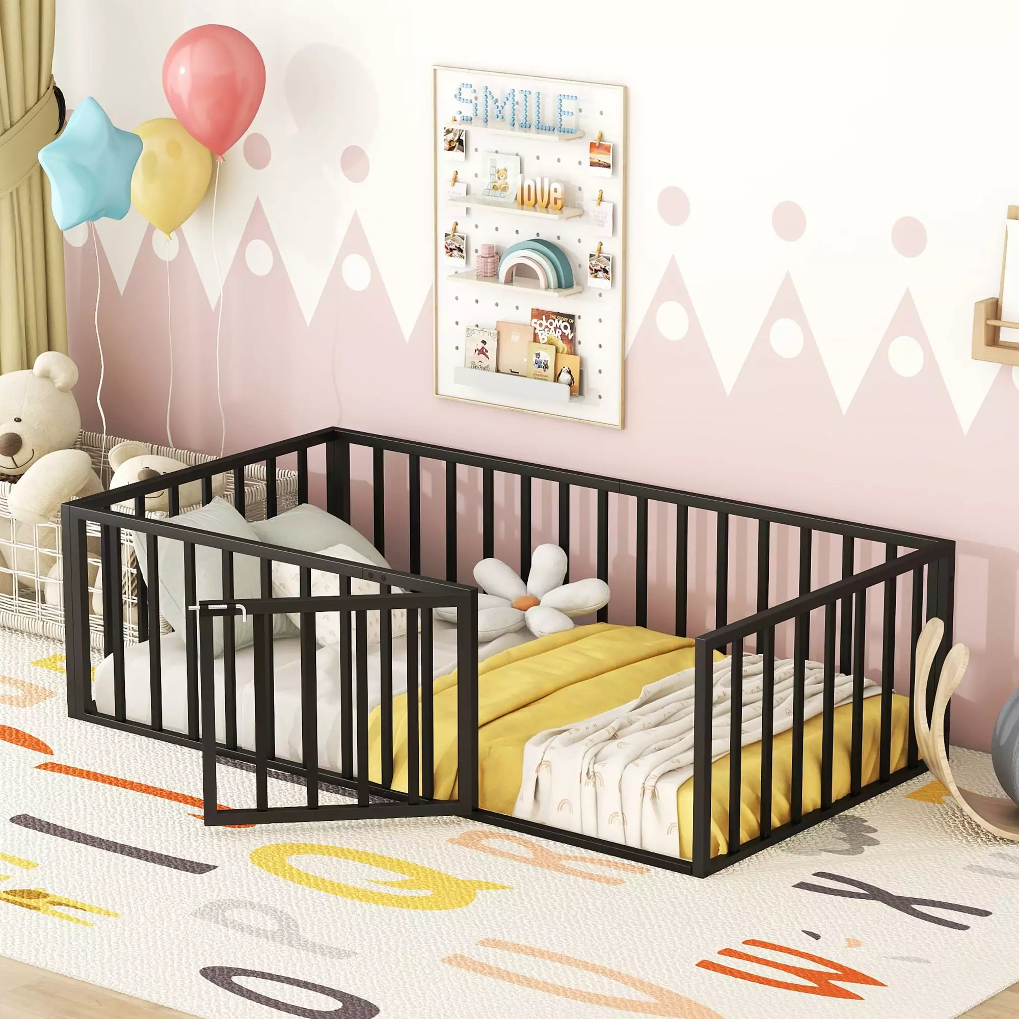 Bellemave Twin Floor Bed Fence Rails and Lockable Door Toddlers Black