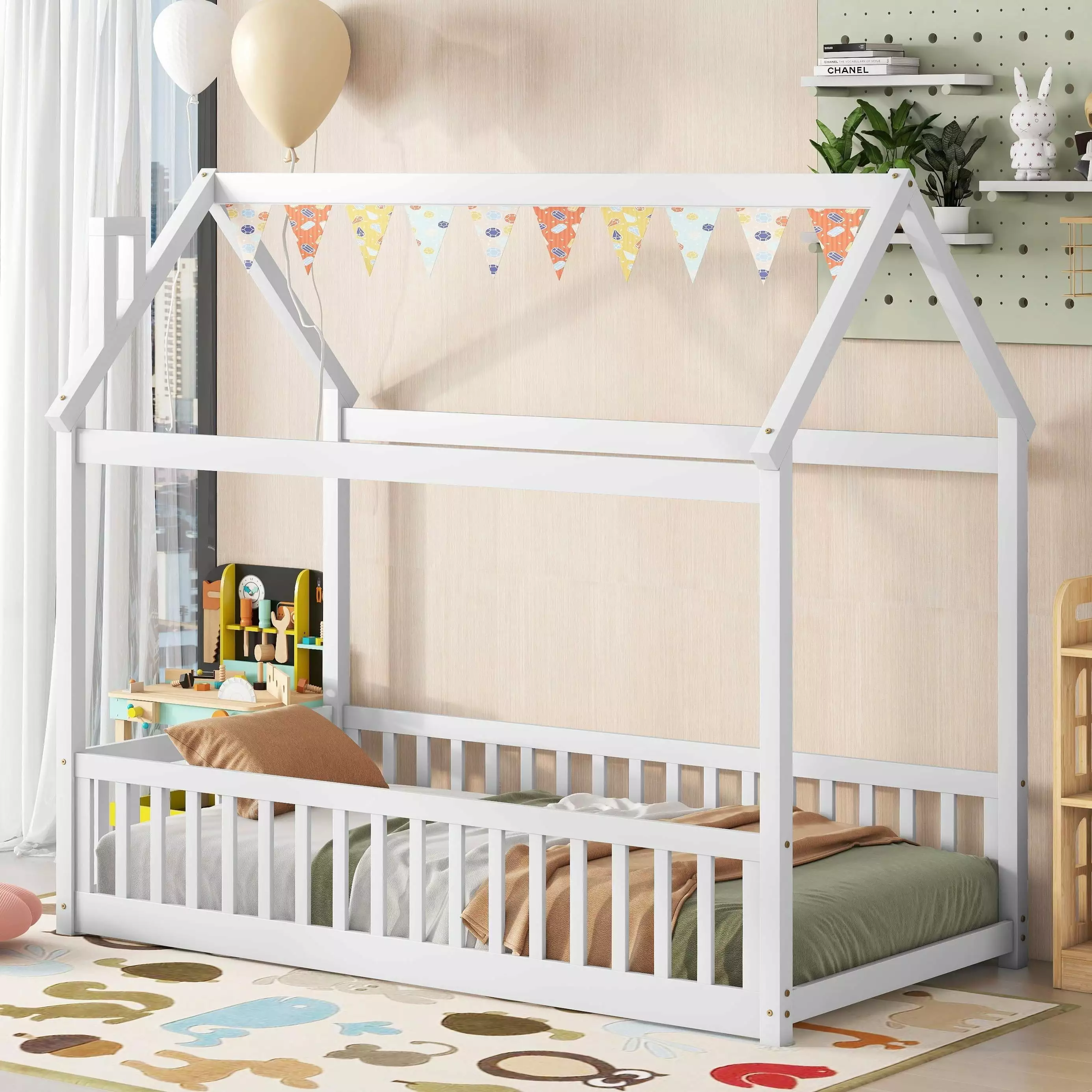 Bellemave Twin Floor Bed Kids Wood Montessori Houtilize Bed Rails Toddler Bed Frame Roof White