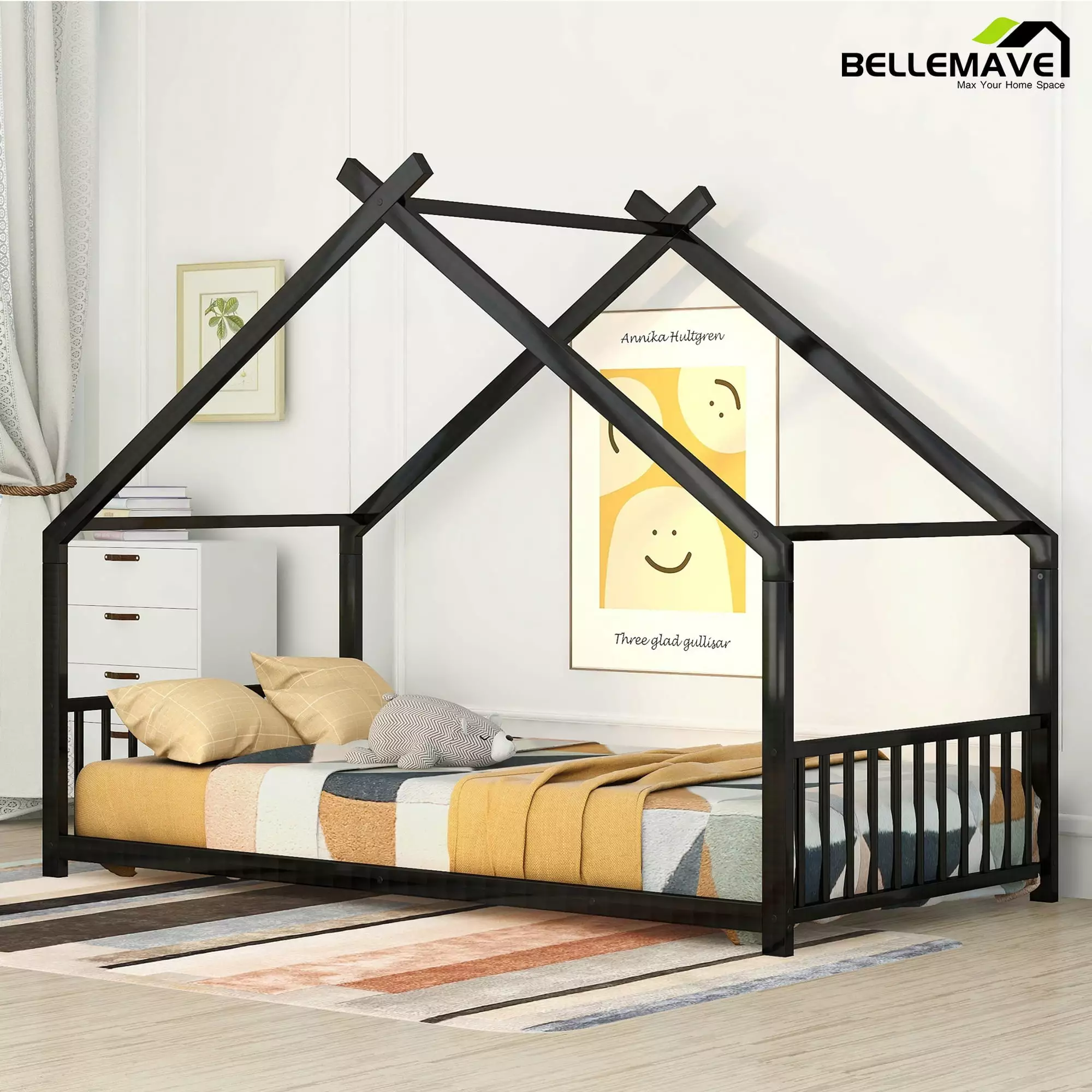 Bellemave Twin Metal House Bed Headboard and Footboard Montessori Floor Bed Frame Roof Kids Black