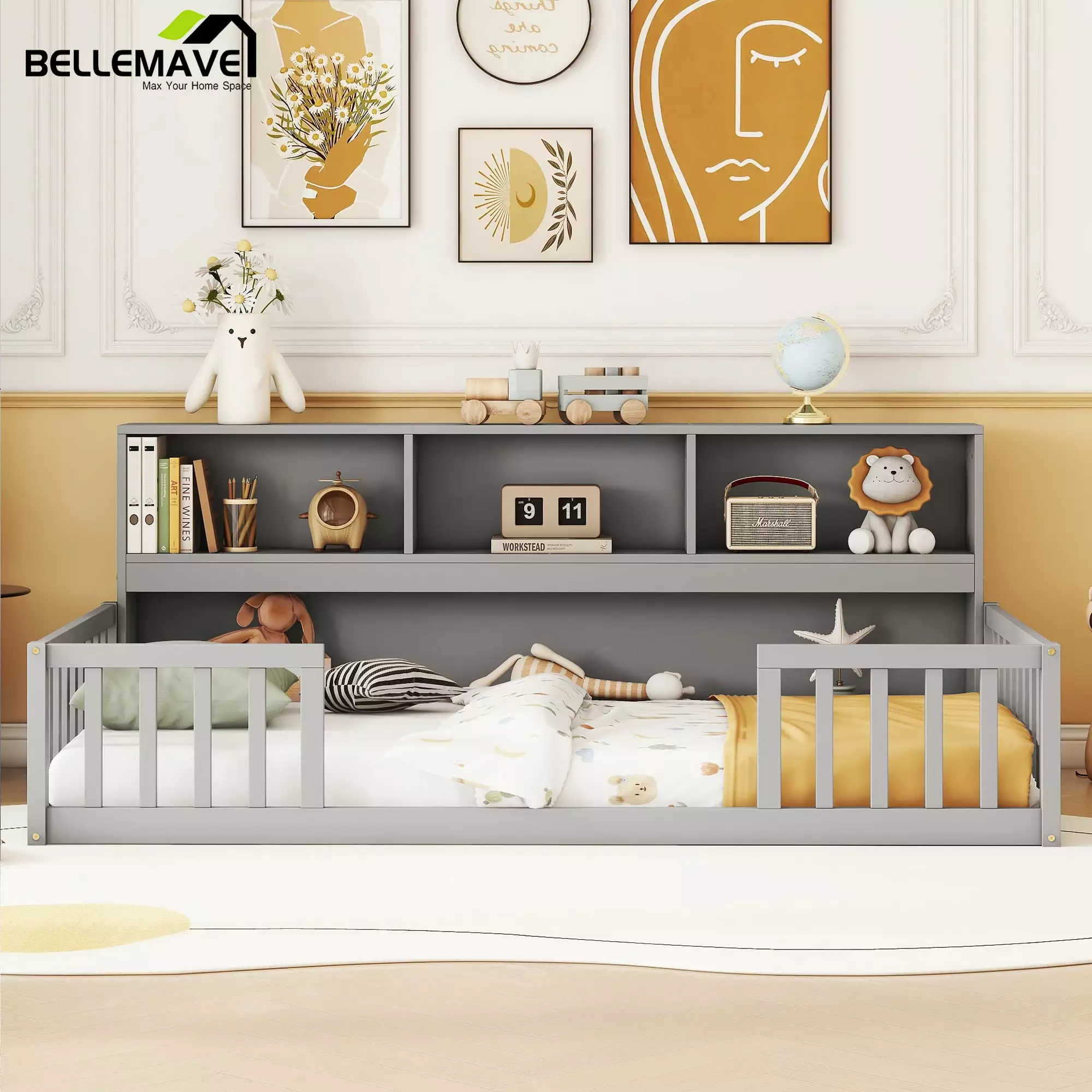 Bellemave Twin Size Floor Bed Frame Fence and Bookcase Toddler Floor Bed Low Bed Entrance and Storage Shelves Montessori B...