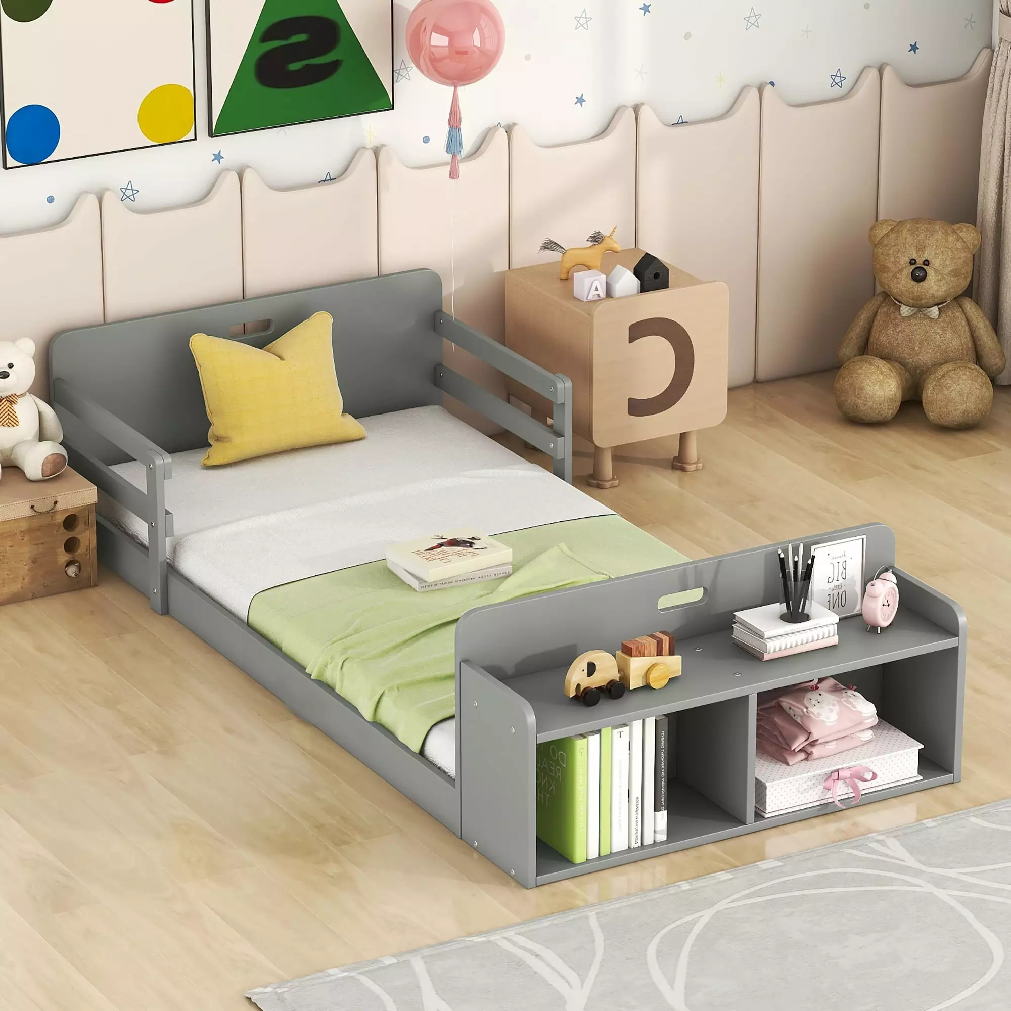 Bellemave Twin Size Floor Bed Storage Footboard and Guardrails Gray