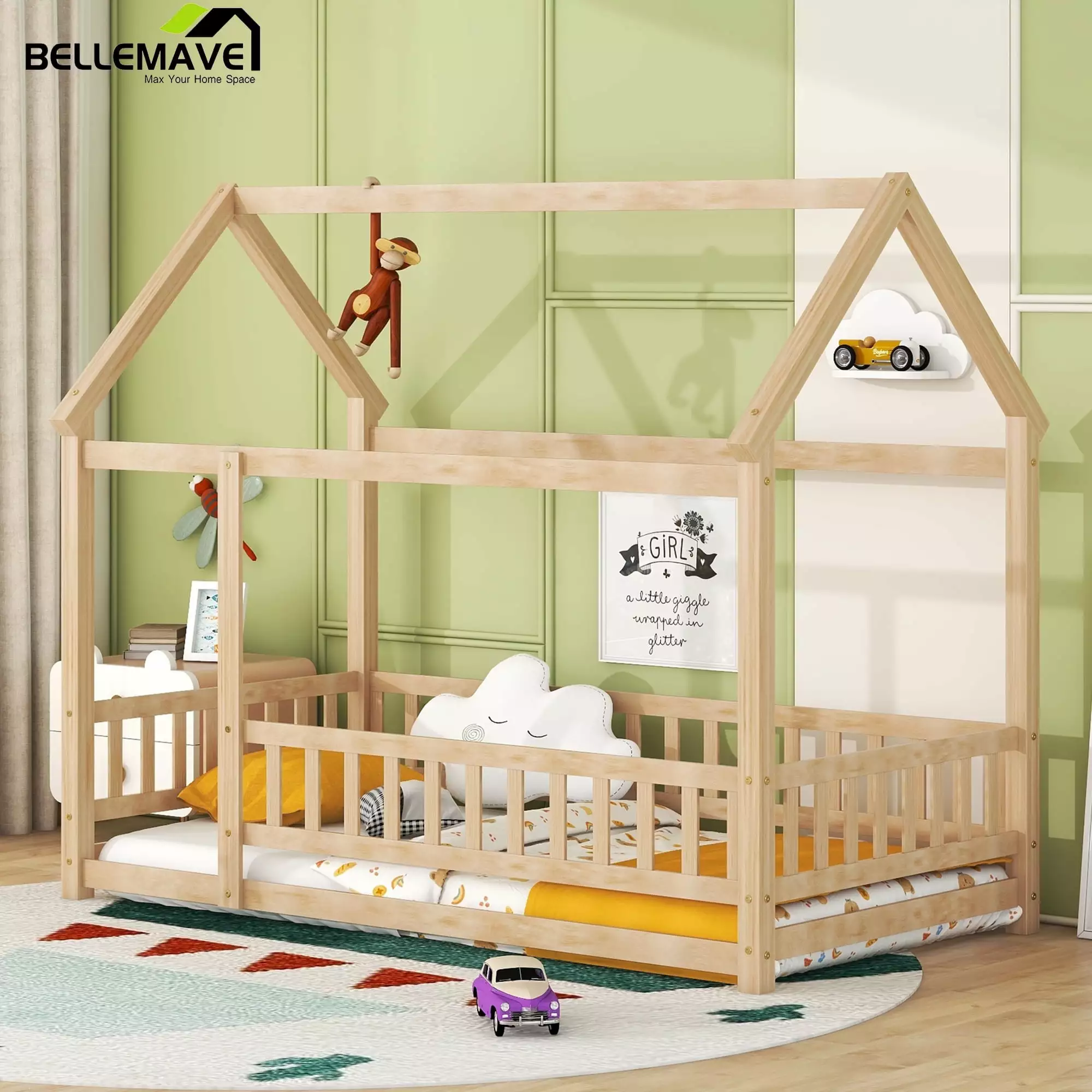 Bellemave Twin Size House Floor Bed Fence Guardrails Playhouse Bed Frame Wooden Montessori Bed Kids Natural Brown