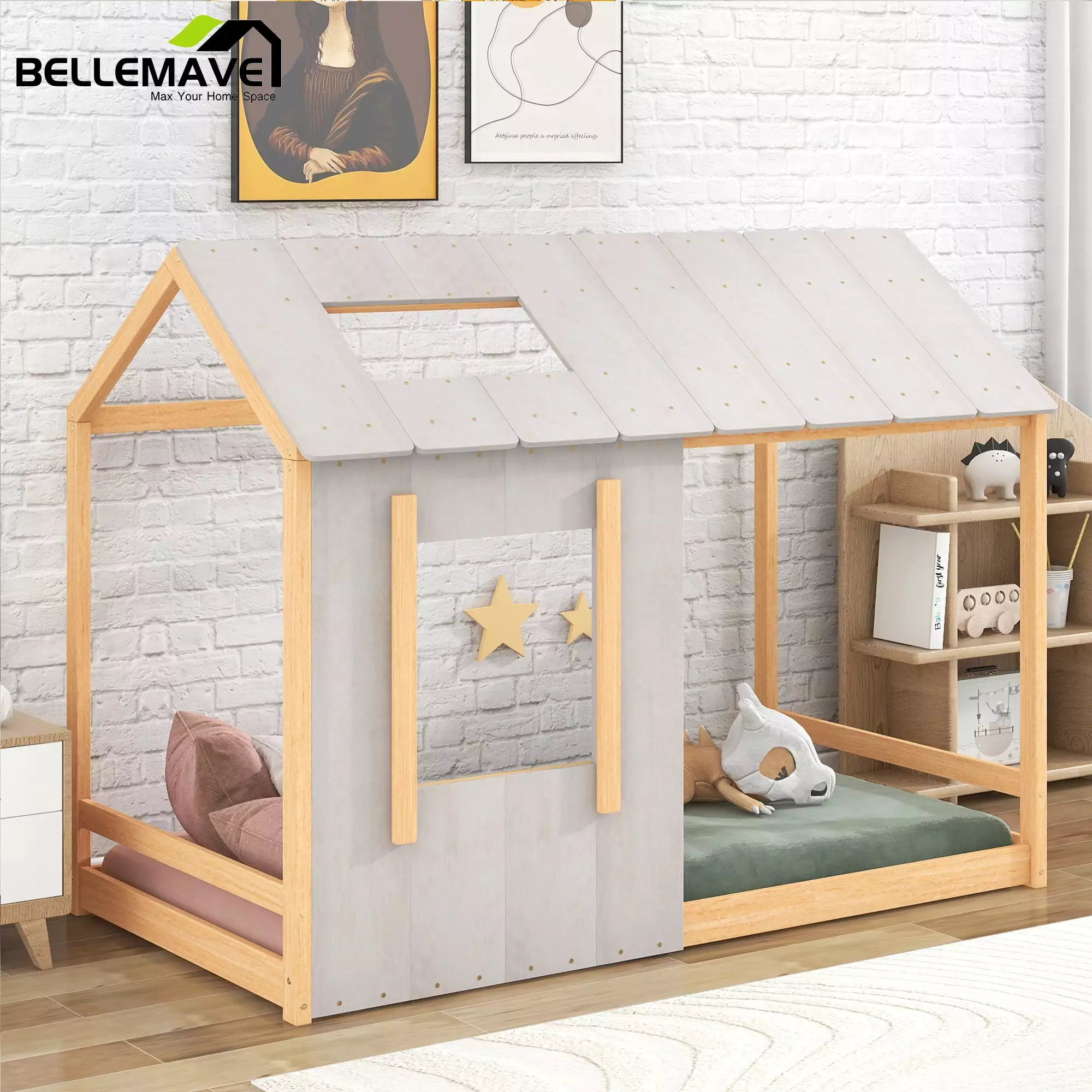 Bellemave Twin Size Houtilize Floor Bed Kids Wood Montessori Bed Roof and Window Antique White