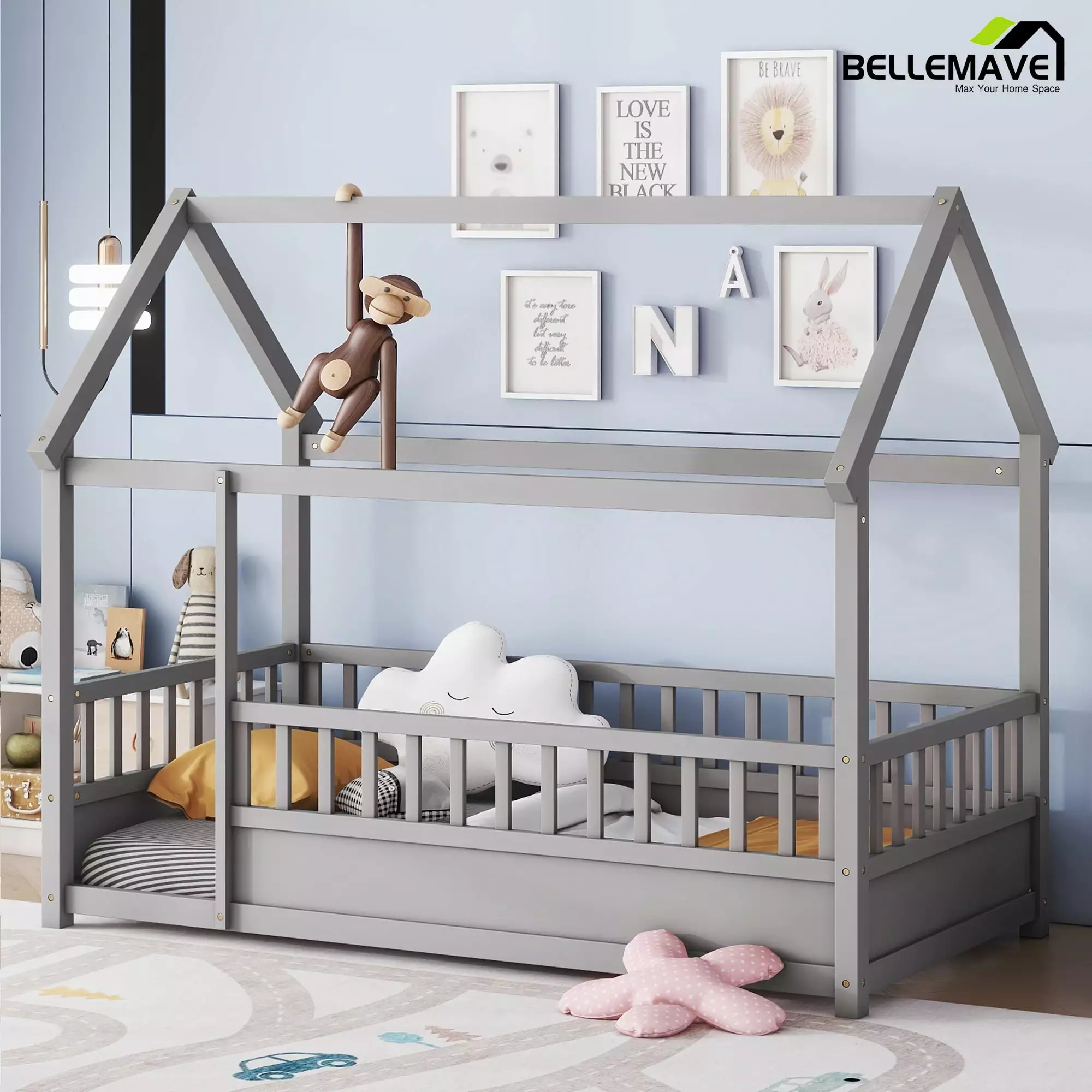 Bellemave Twin Size Houtilize Floor Bed High Fence Guardrails Wooden Playhoutilize Bed Frame Gray