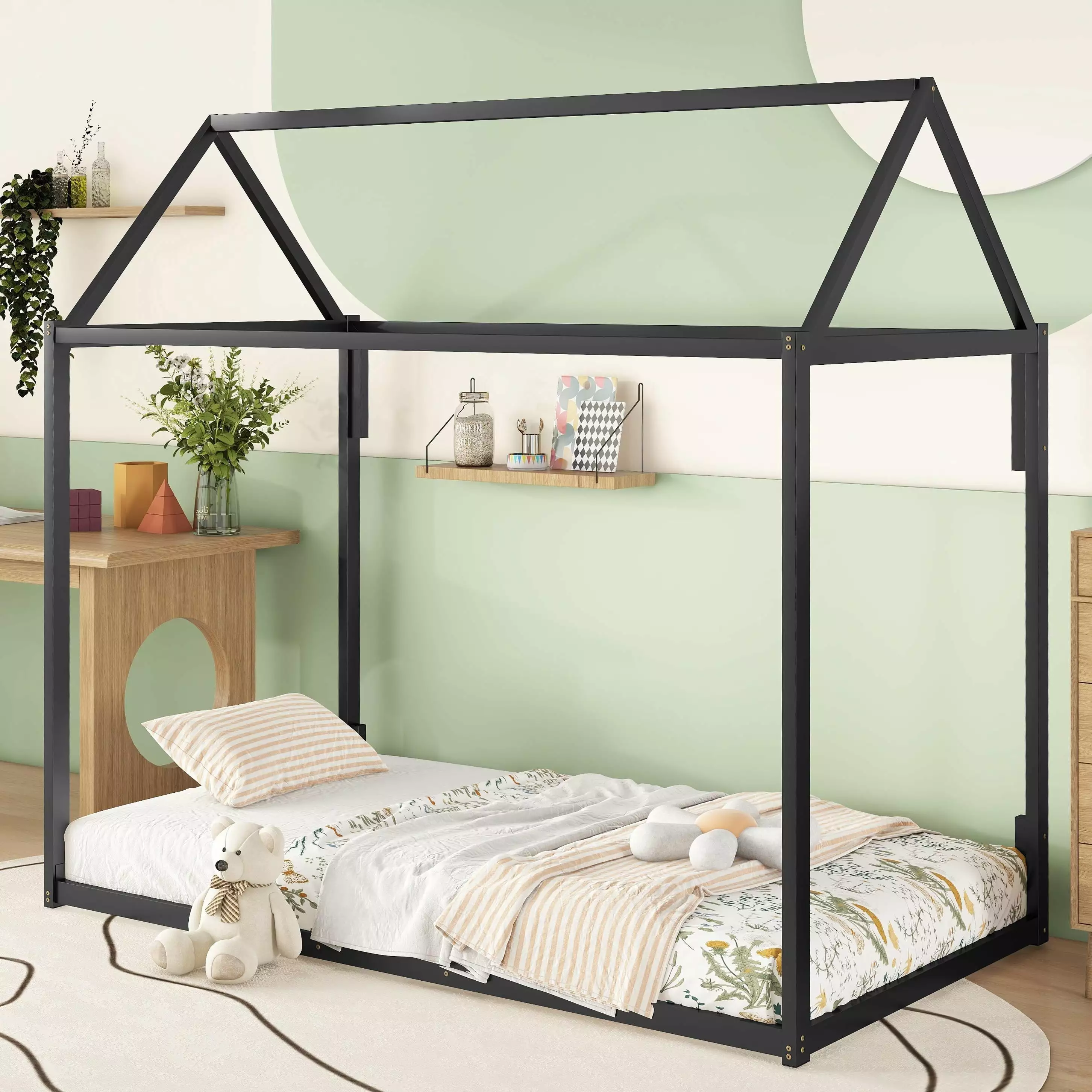 Bellemave Twin Size Metal Floor Bed Frame Kids Steel Slats Support - Black Montessori Bed Toddlers