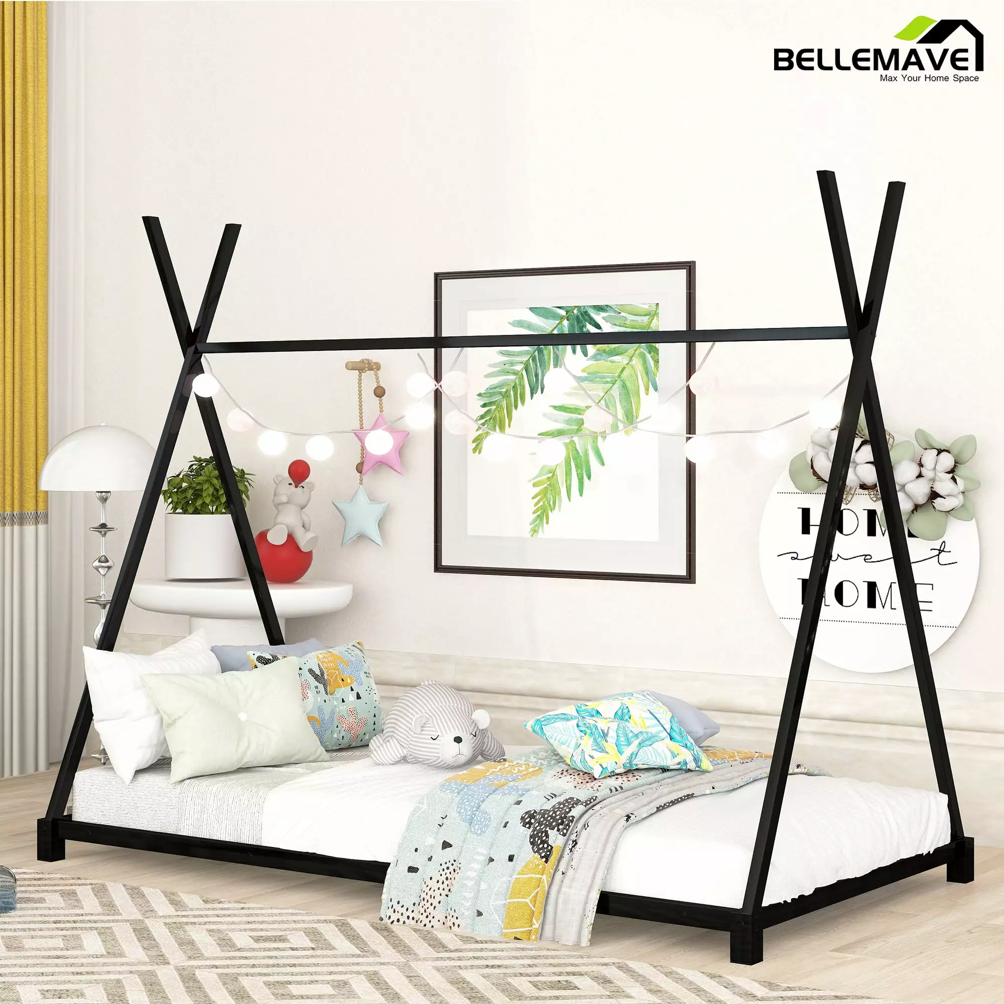 Bellemave Twin Size Montessori Floor Bed Metal Tent Frame Triangle Structure Slat Support Black