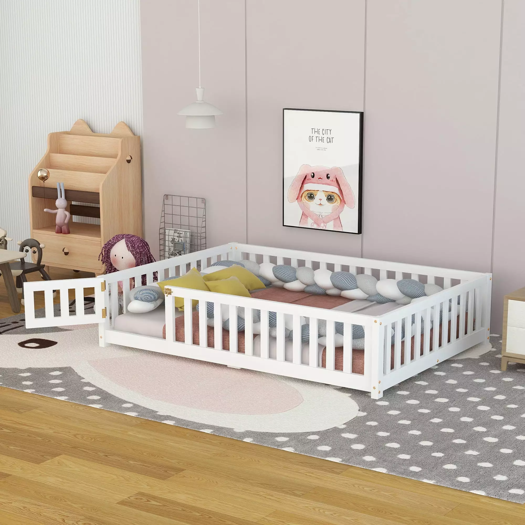 Bellemave White Full Size Floor Bed Frame Fence-Guardrails & Lookable Door Montessori Floor Bed Sturdy Wood Slats Girls an...
