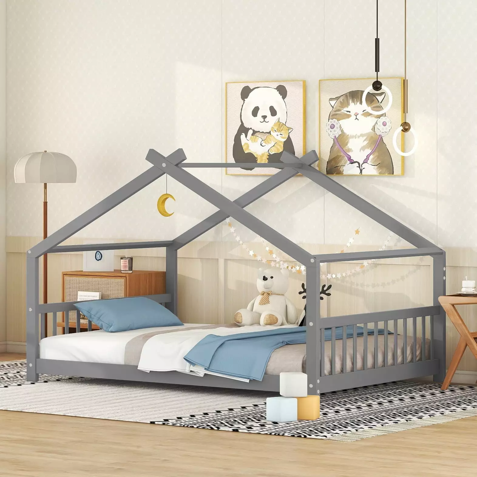 Full Size Houtilize Bed Montessori Style Floor Bed Frame Gray Toddlers Kids Teens Bellemave