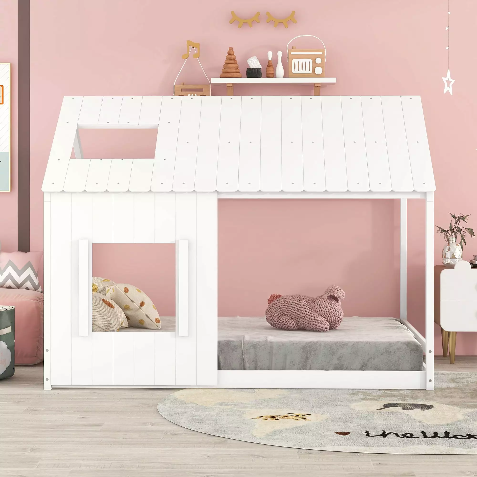 Full Size Kids Houtilize Bed Roof and Windows - Montessori Floor Bed Boys and Girls - White Bellemave