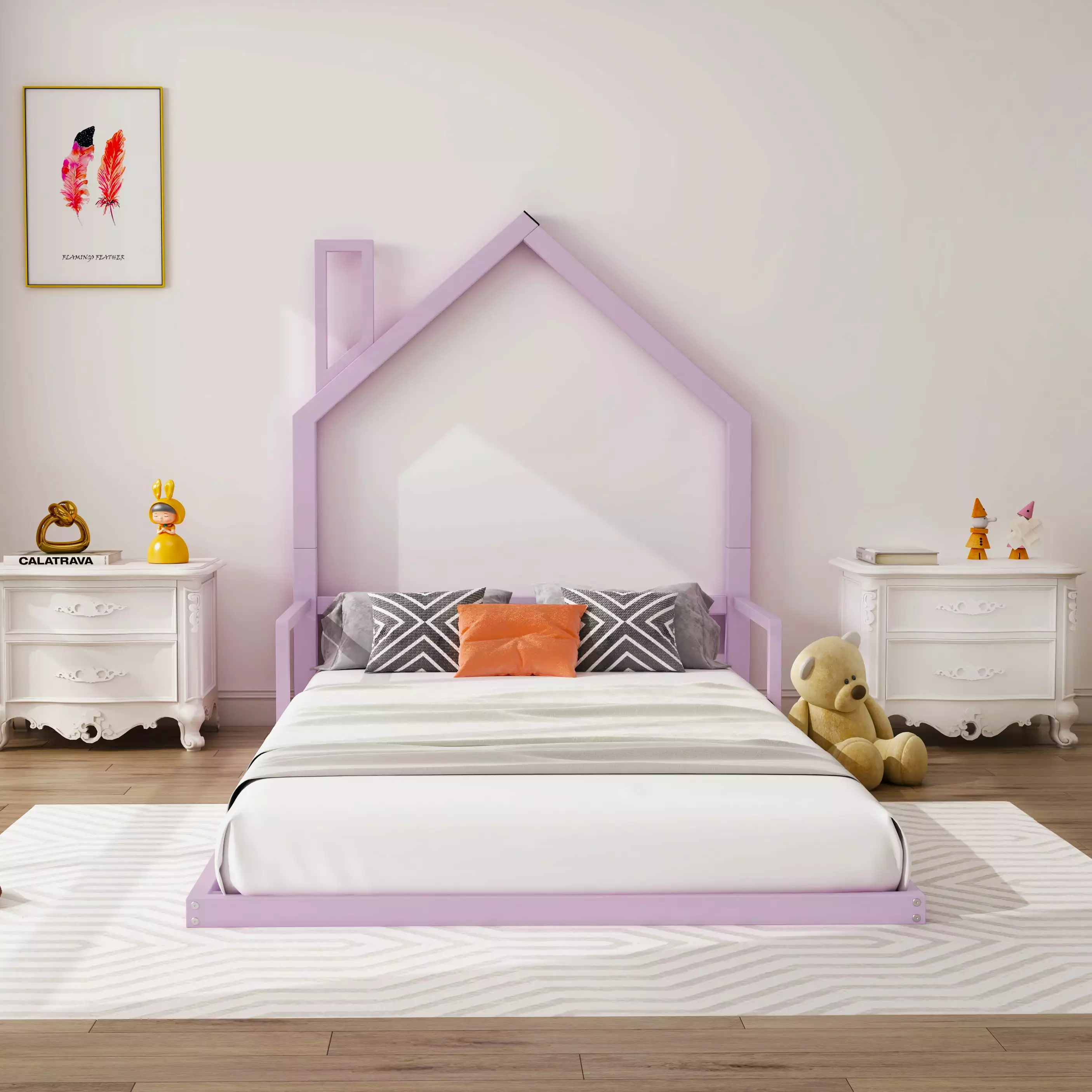 EUROCO Twin Size Houtilize Bed Metal Floor Bed Kids Pink