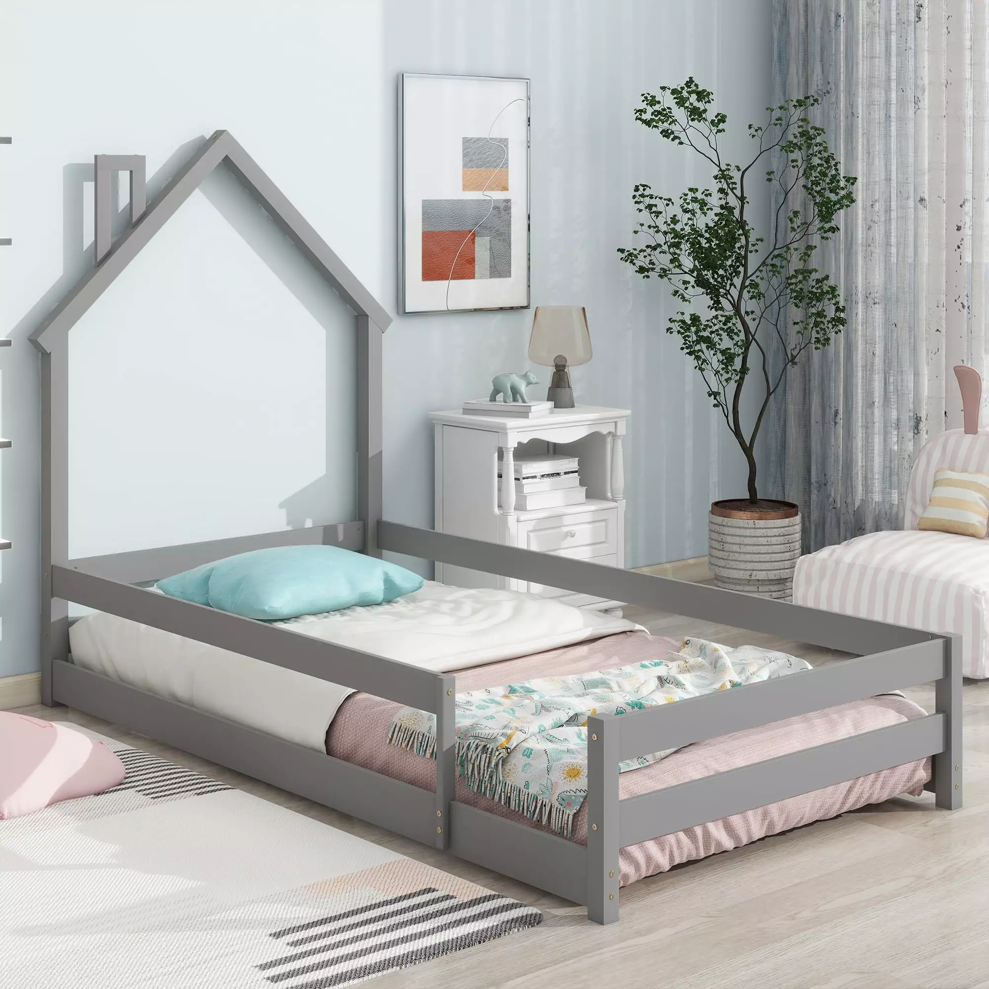 Euroco Twin Size Houtilize Floor Bed Kids Low Profile Chimney Gray