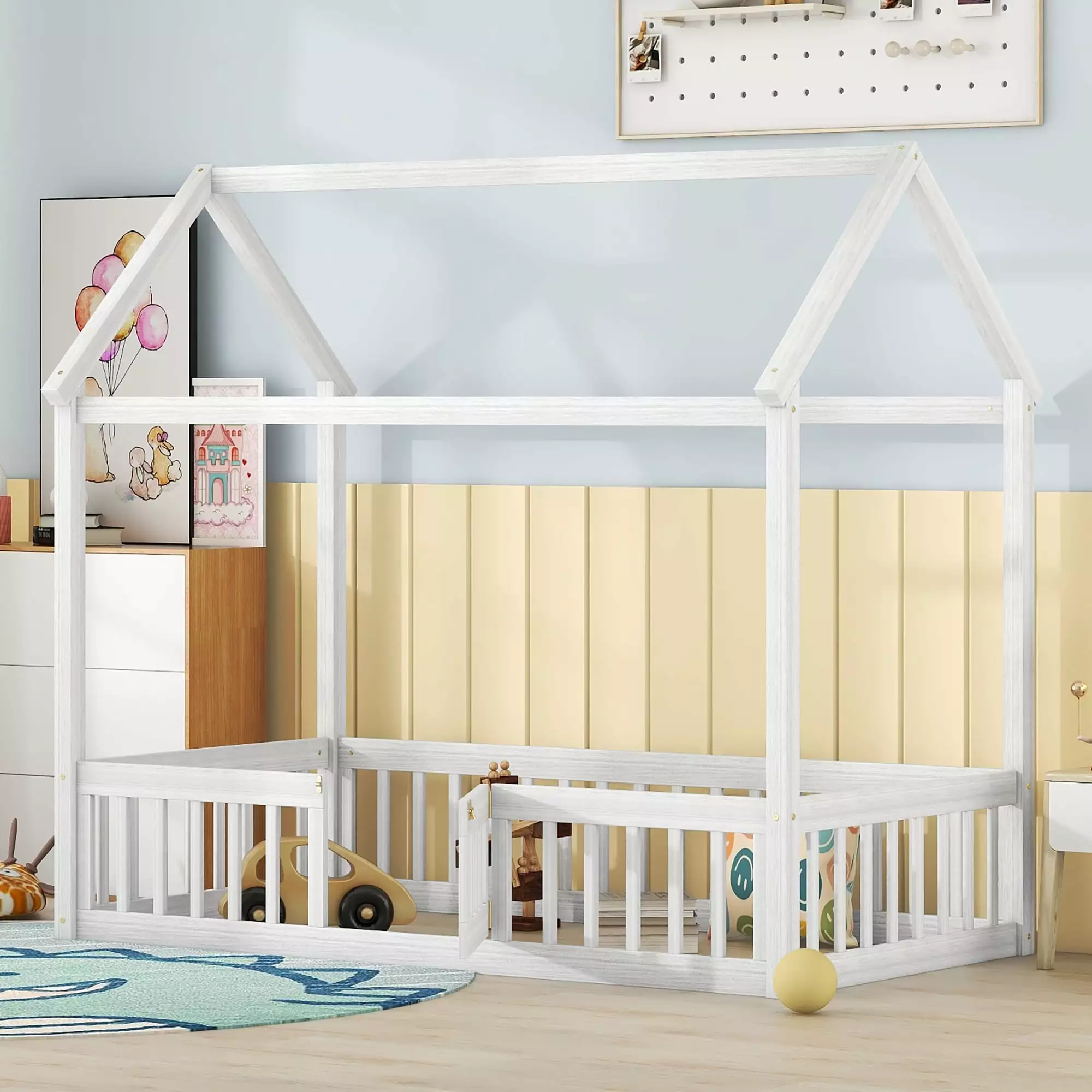 Euroco Twin Size Low Houtilize Bed Fence and Door White Kids Floor Bed Frame