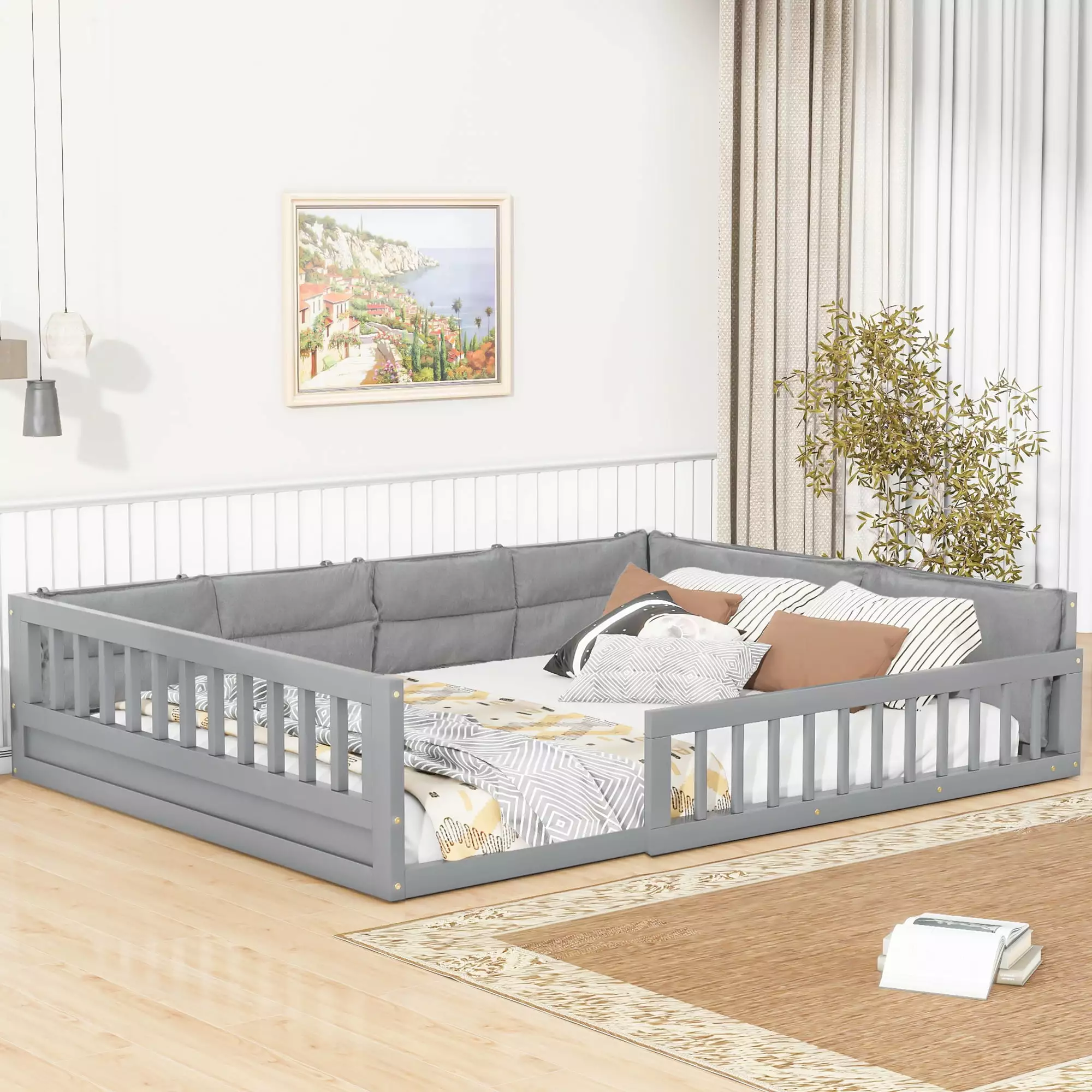 Euroco Wood Full Bed Upholstered Pillow Low Profile Floor Bed Kids Teens Adults Gray Modern Minimalist Design