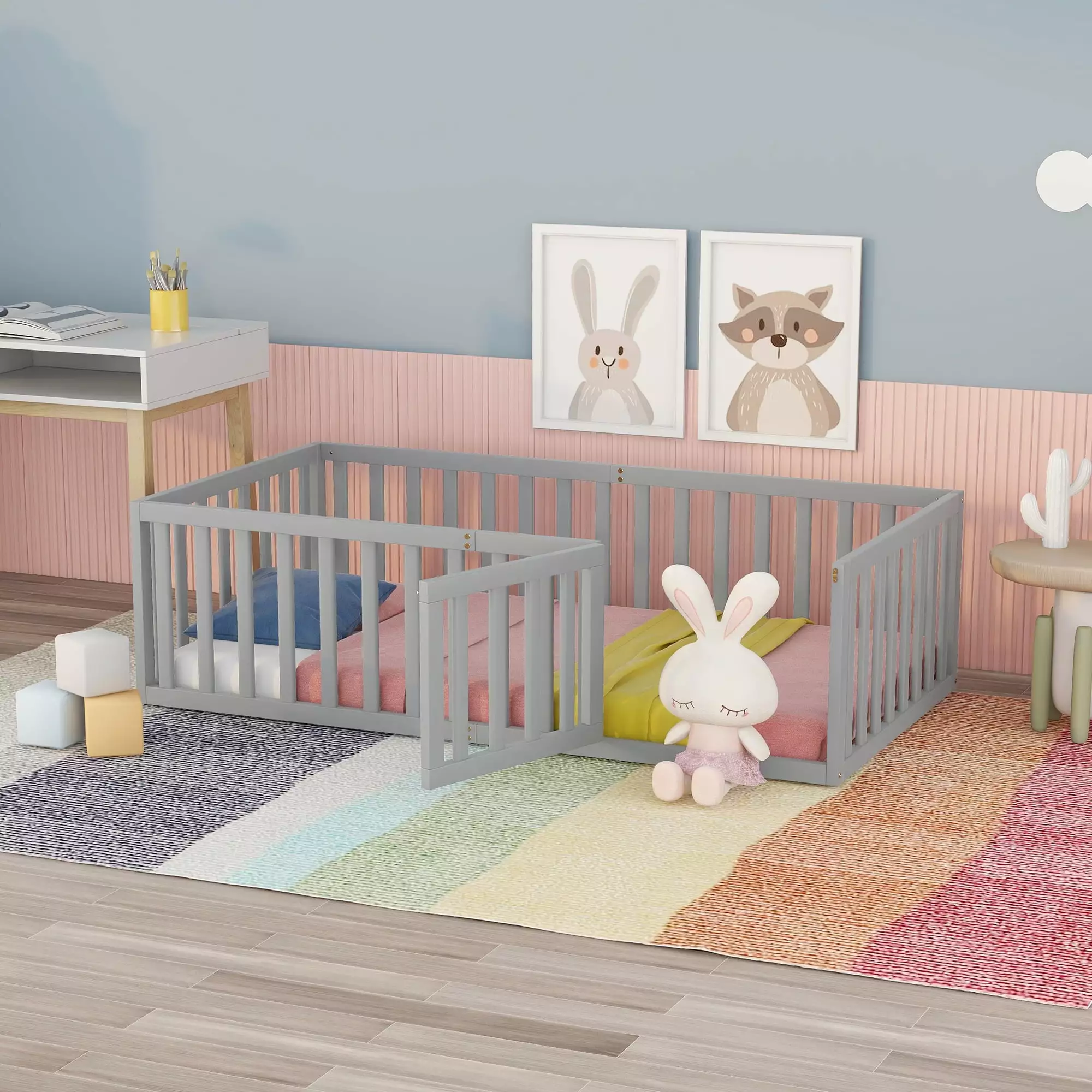 Twin Wood Floor Bed Fence and Door Low Wood Bed Toddler Kids Teens Gray Euroco