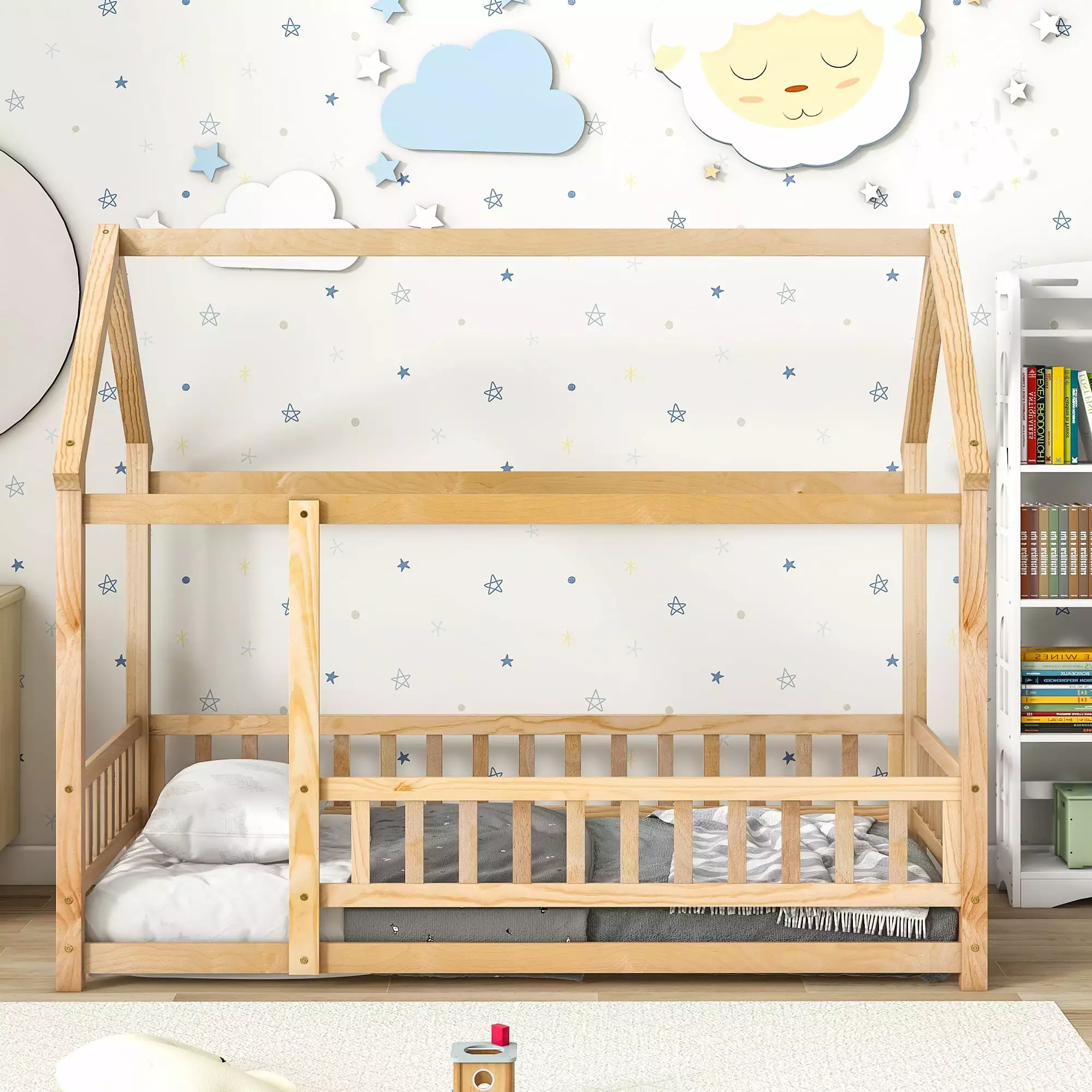 Twin Size Houtilize Wooden Floor Bed Roof and Fence - Natural Kids Room Montessori Bed Gewnee