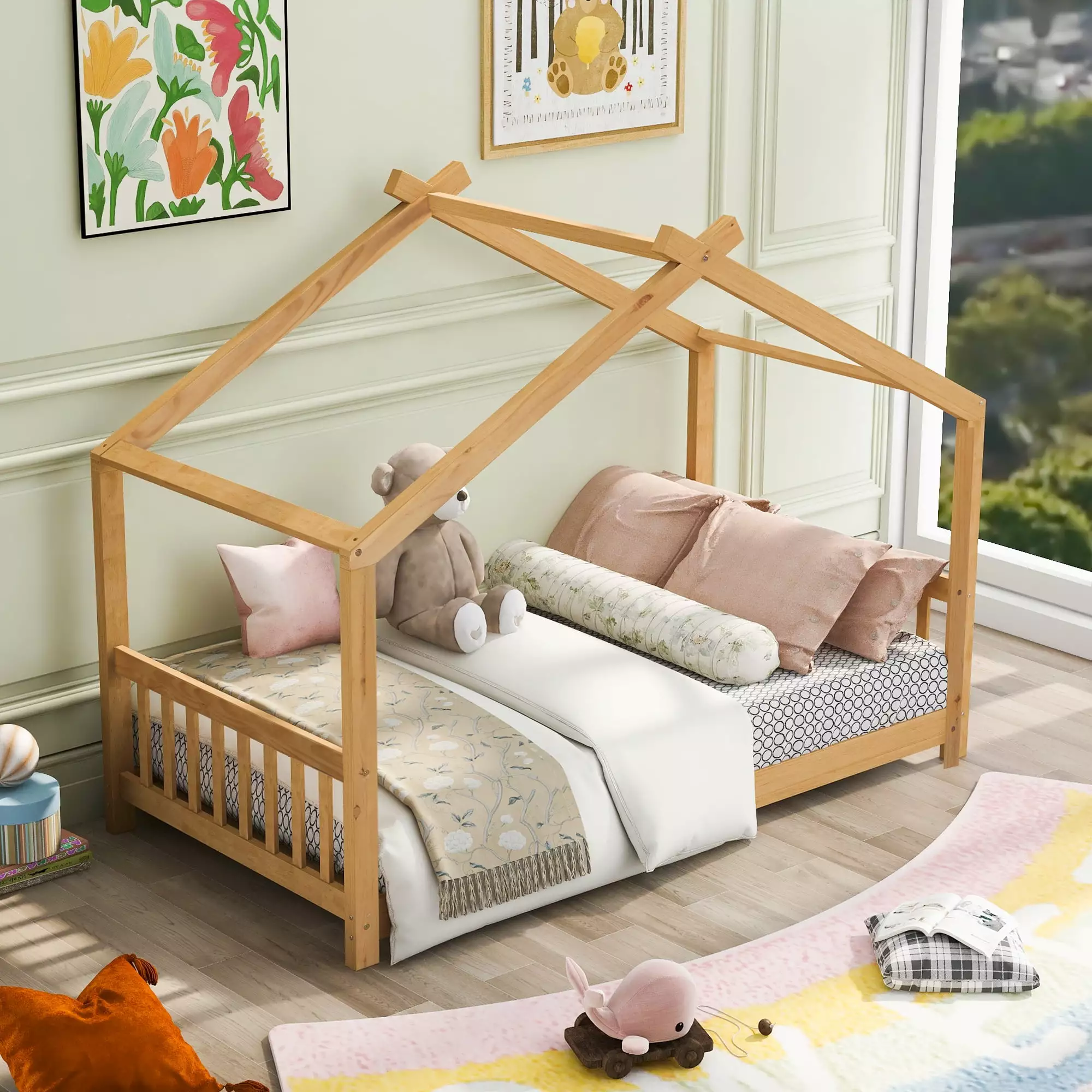 Houtilize Twin Size Bed Frame Headboard Footboard Roof Design Wood Kids Floor Play Bed Strong Slats Girls Boys Toddlers No...