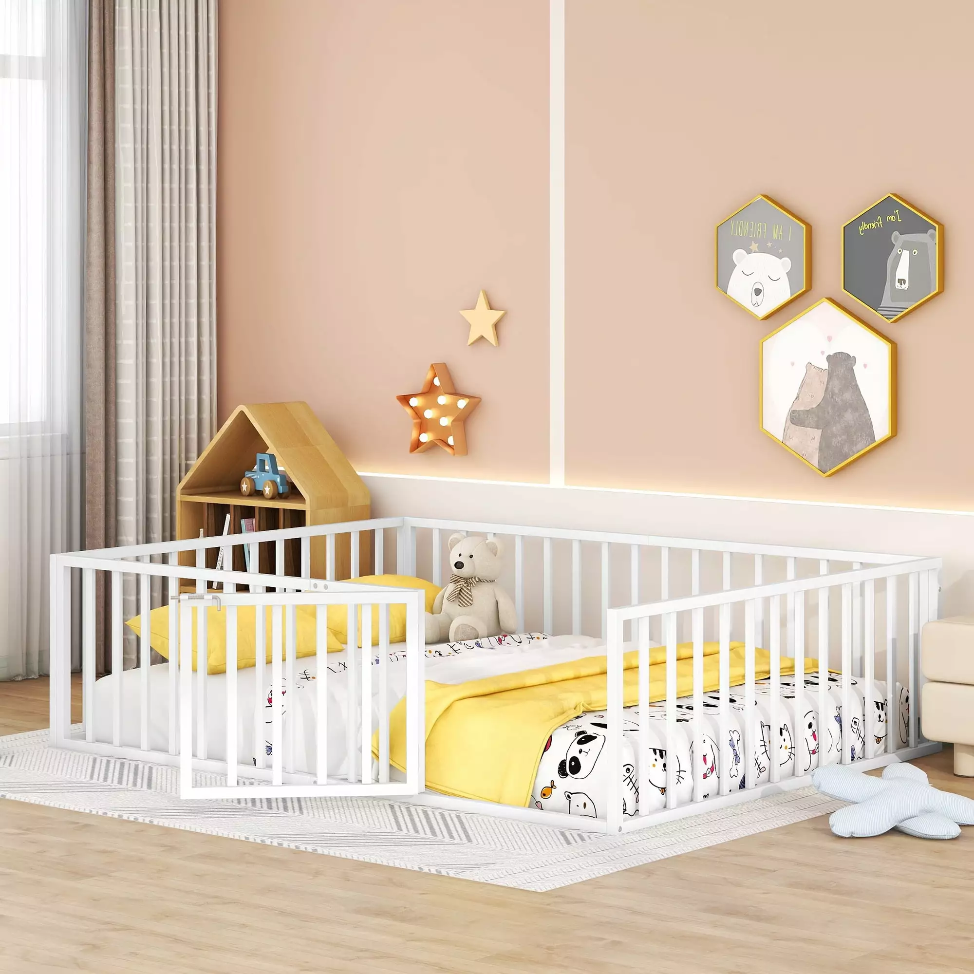 iRerts Queen Floor Bed Frame Metal Queen Size Montessori Floor Bed Frame Fence and Door Kids Toddler Floor Bed Girls Boys ...